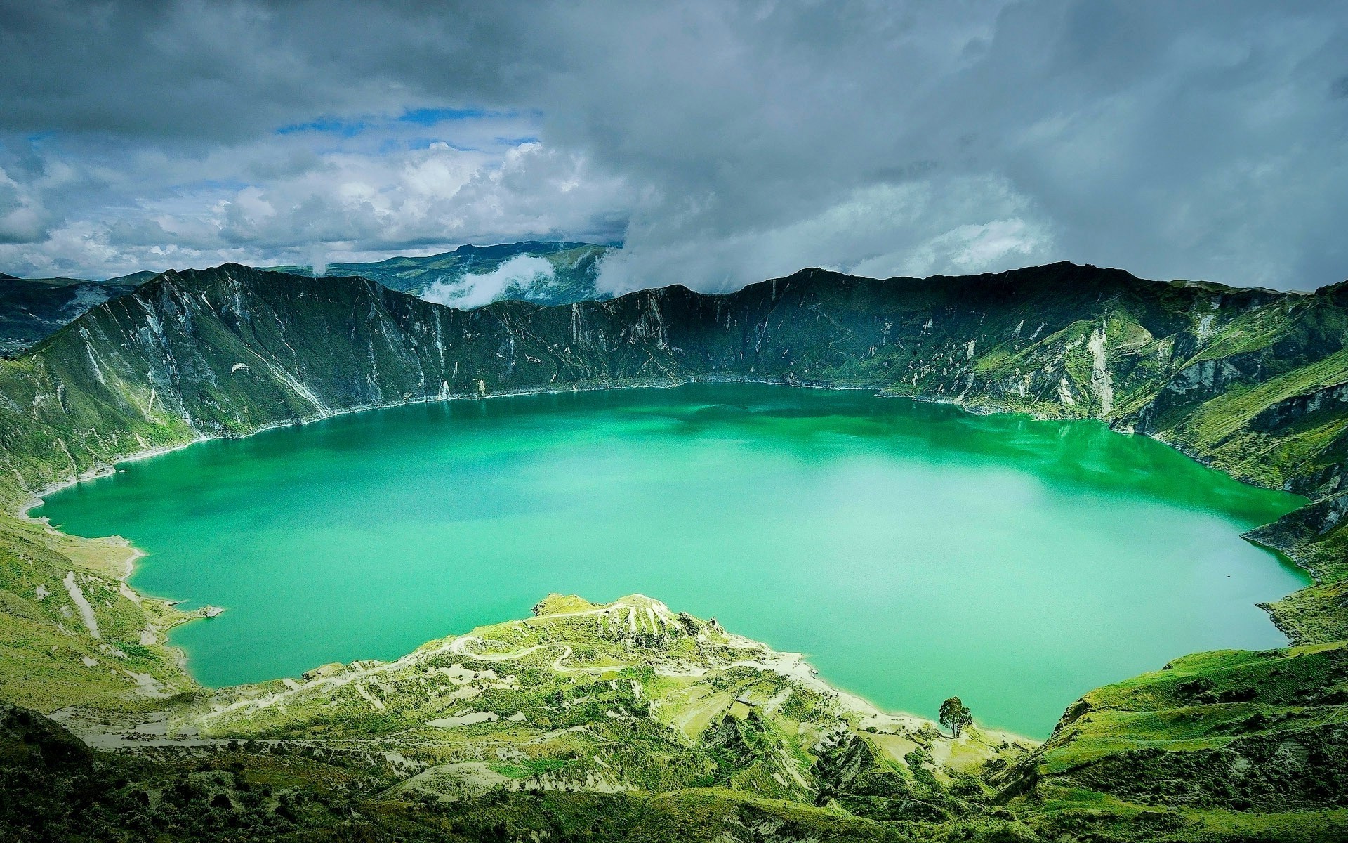 1920x1200 Ecuador, Andes, Caldera, Volcano, Clouds, Grass, Mountain, Water, Green,  Nature, Landscape Wallpapers HD / Desktop and Mobile Backgrounds