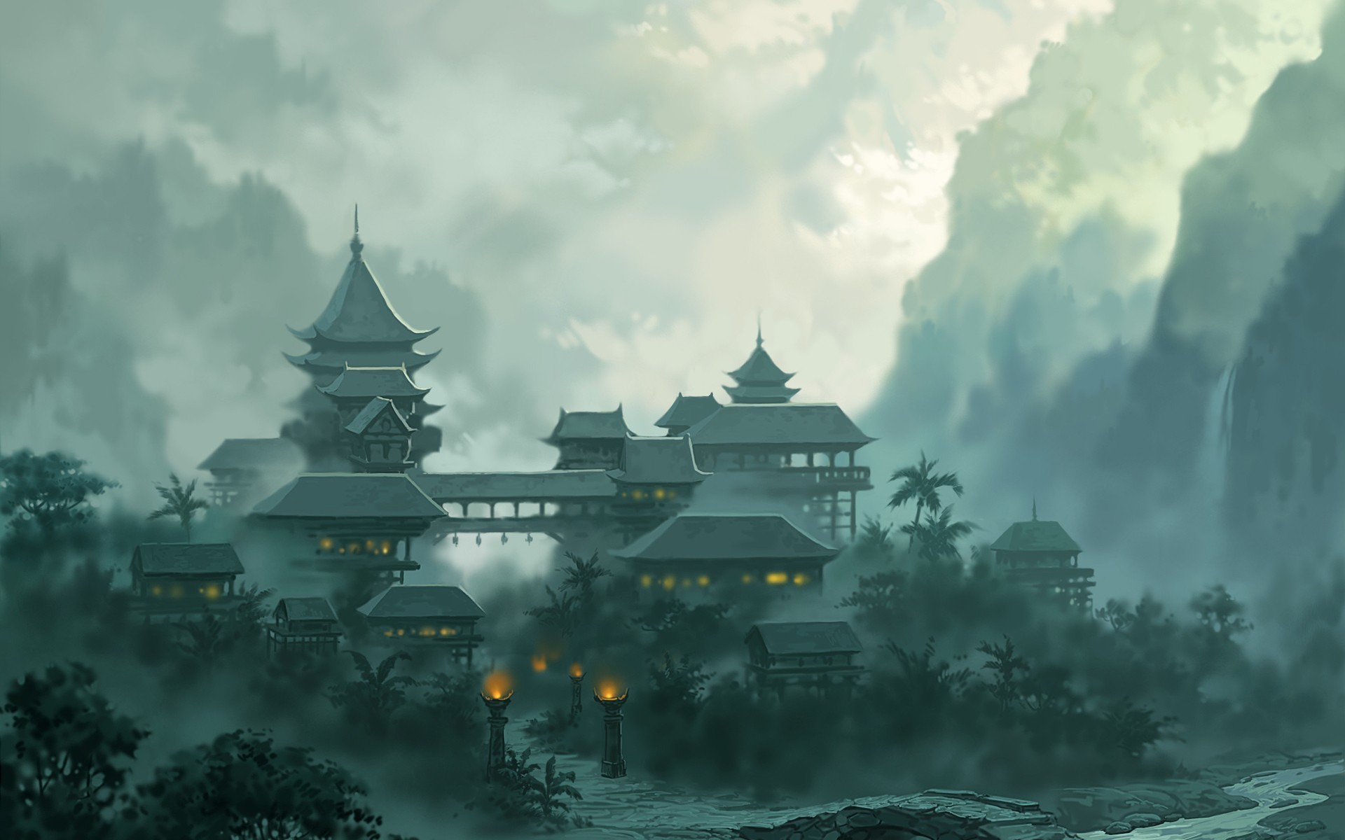1920x1200 Artwork Asian Architecture Drawings