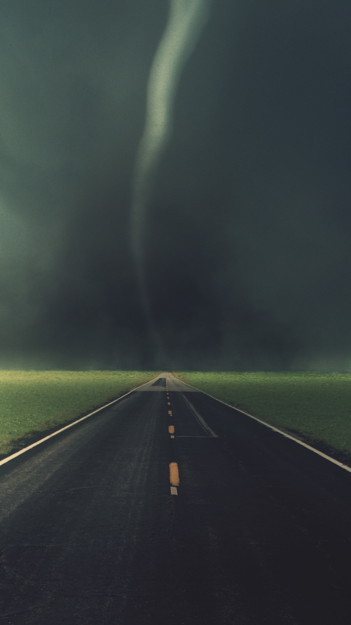 1440x2560 Preview wallpaper road, tornado, asphalt, marking, strip, blackness, clouds  