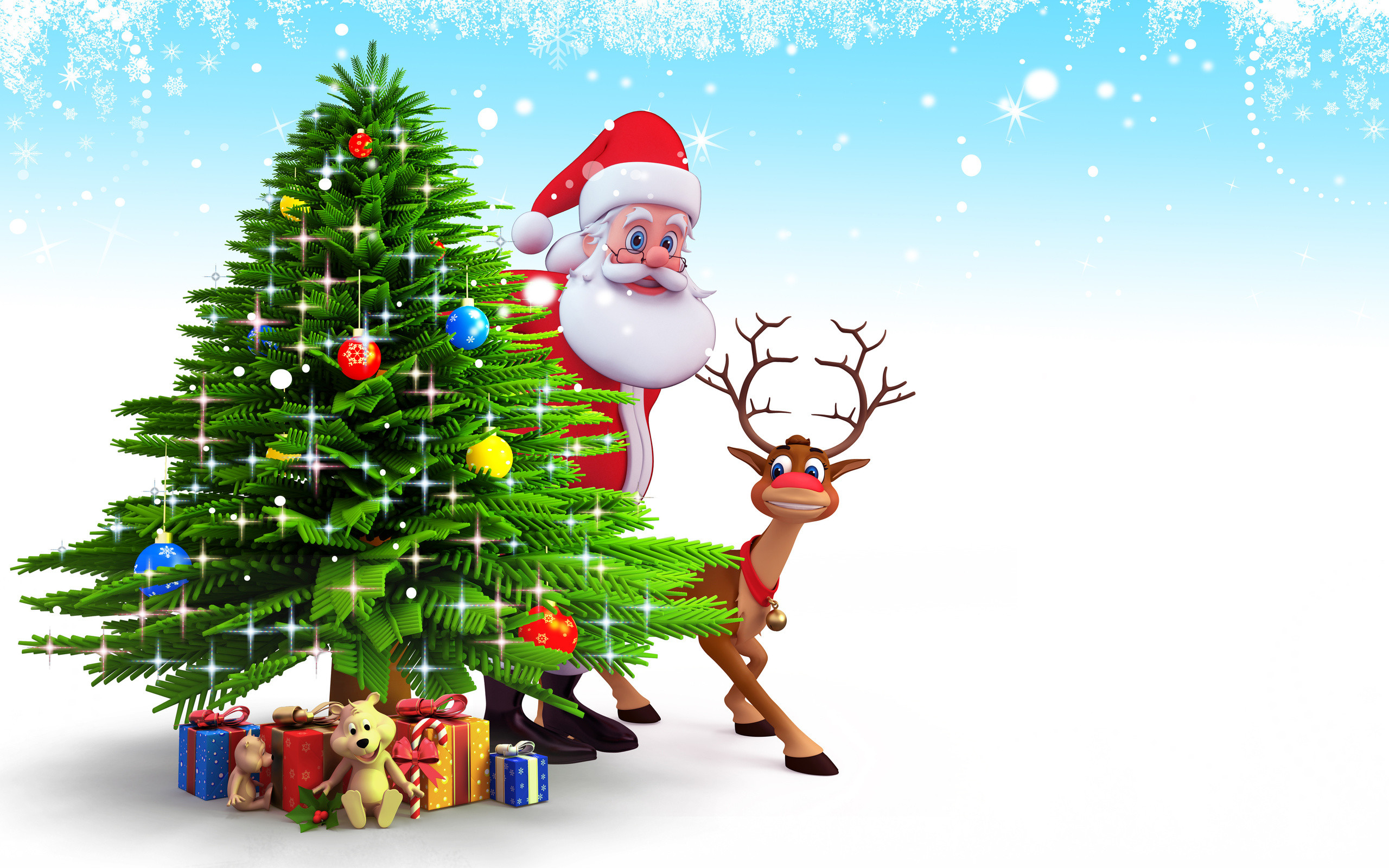 2560x1600 Santa Claus And Reindeer behind christmas tree and gifts Christmas Santa  claus wallpapers