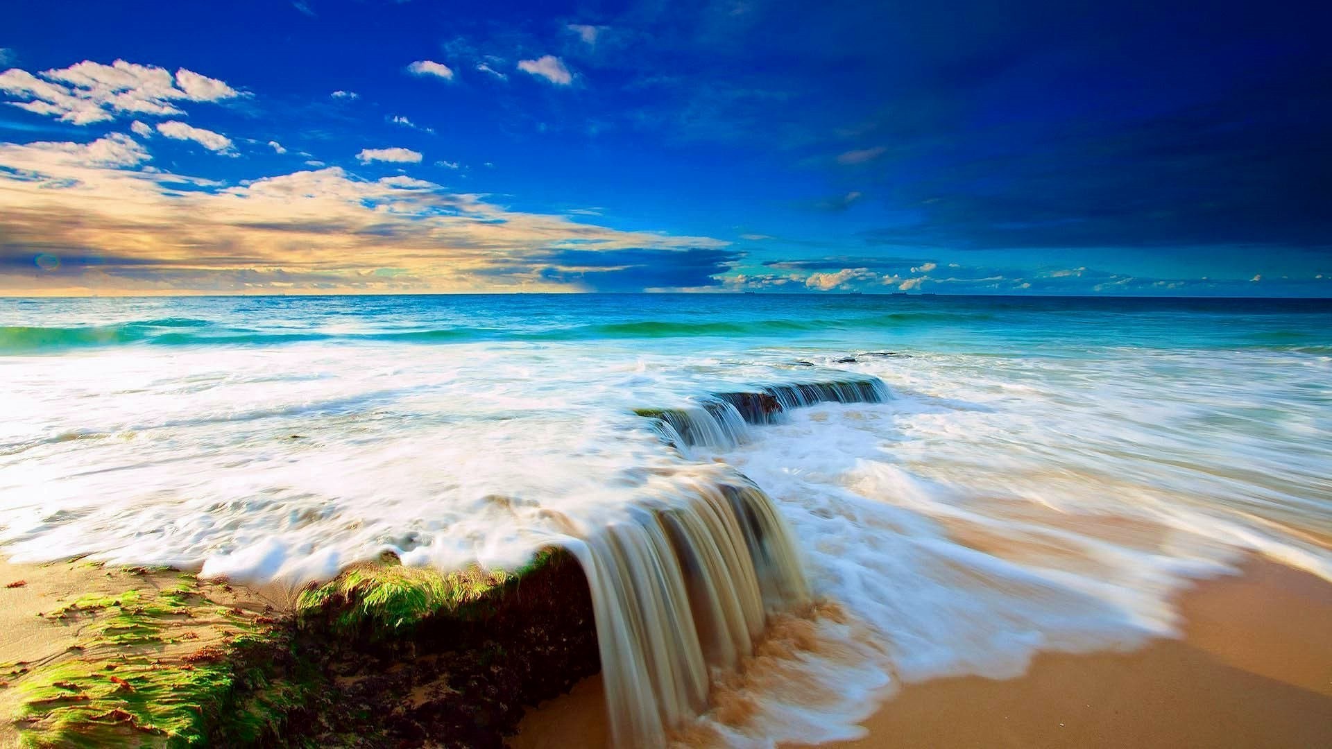 1920x1080 Ocean Courtain Beautiful Sand Blue Horizon Beach Water Sky Summer Waterfall  Clouds White Wave Wallpaper With Scenes - 