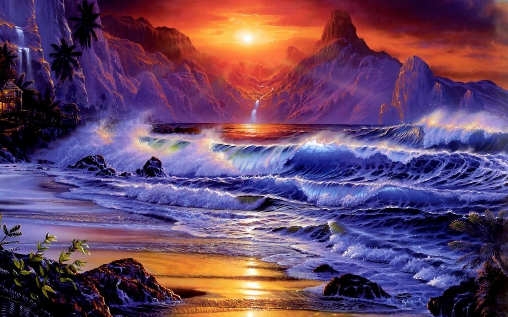 1920x1200 Wave in Ocean Sunset Desktop Wallpapers