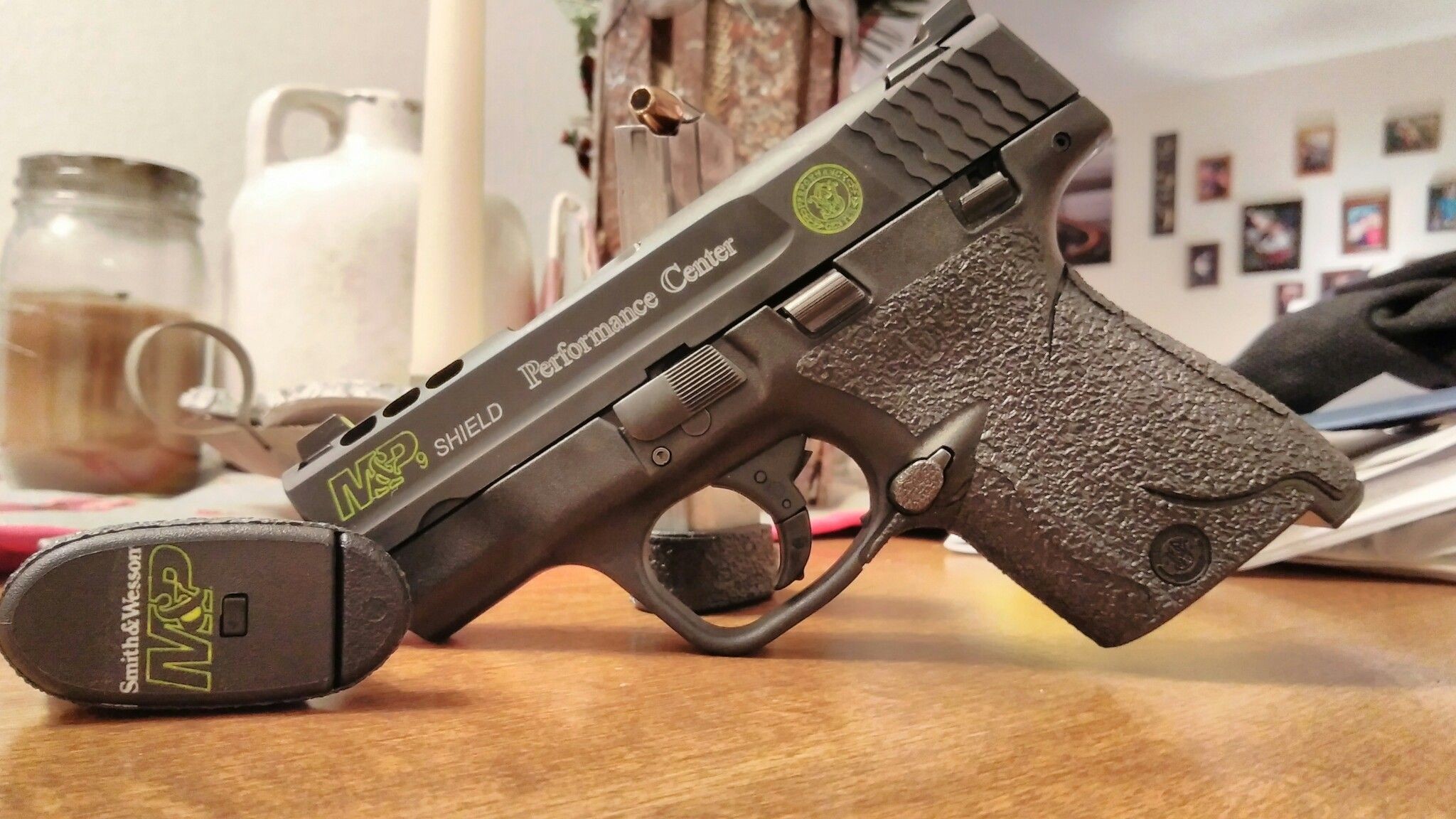 2048x1152 My M&P Performance Center Shield 9mm, with Trijicon HD night sights, Talon  grip, and color filled with a zombie theme.