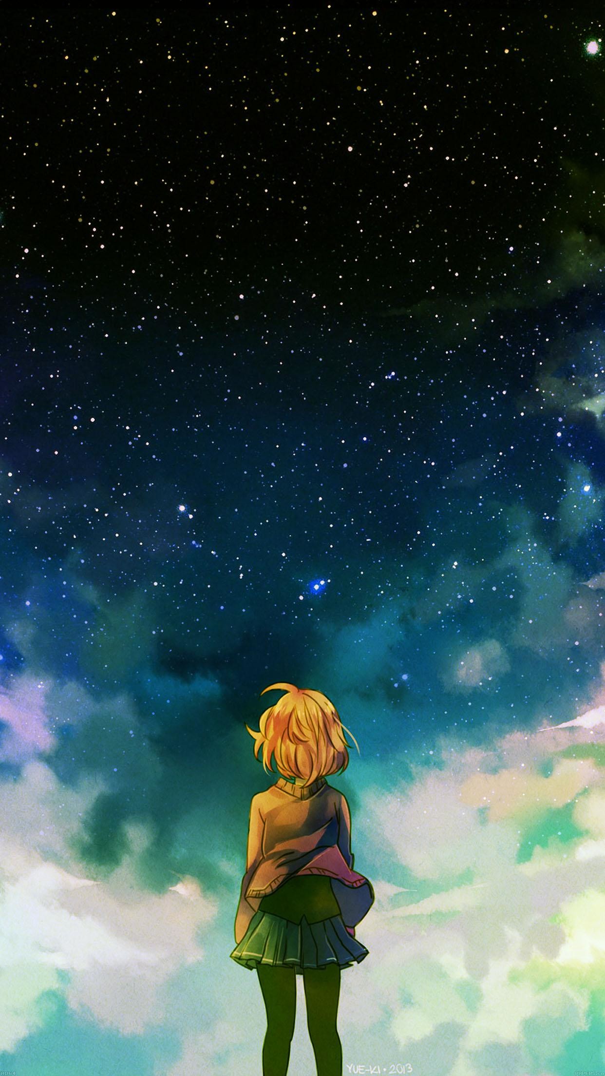 1242x2208 Starry Night Illust Anime Girl