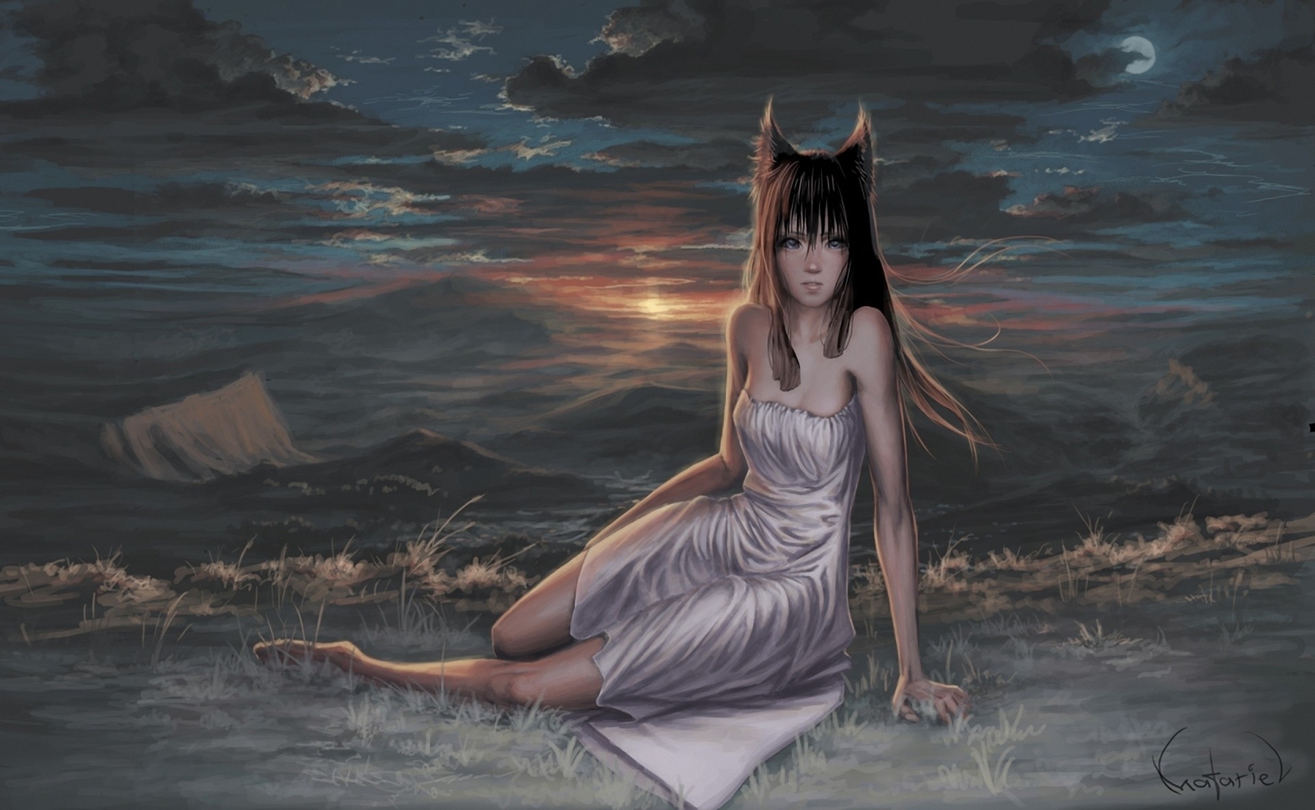 1920x1183 Okami to koshinryo clouds art wolf girl moon dress ears hills wallpaper |   | 133088 | WallpaperUP