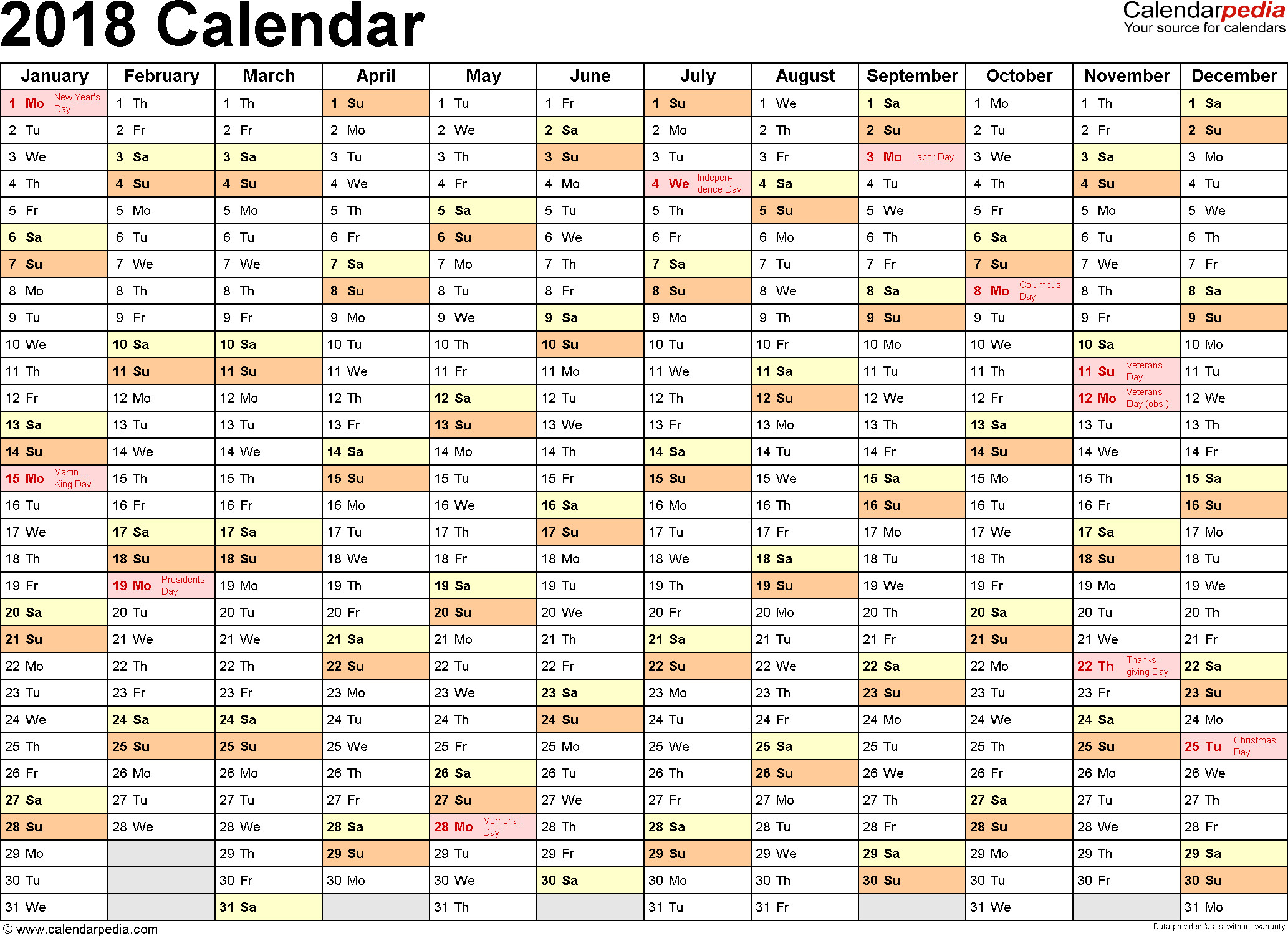 2066x1502 Template 2: 2018 Calendar for Excel, months horizontally, 1 page, landscape  orientation