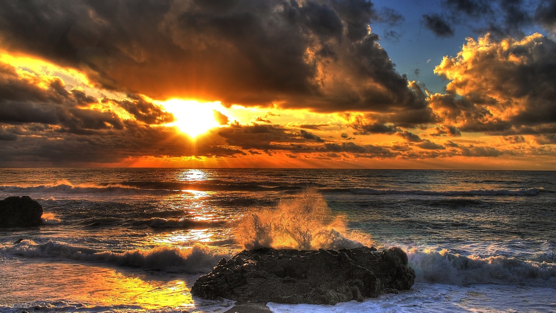 1920x1080 Unbelievable Sunset Clouds Waves Beach Sea Rocks Desktop Wallpapers -   