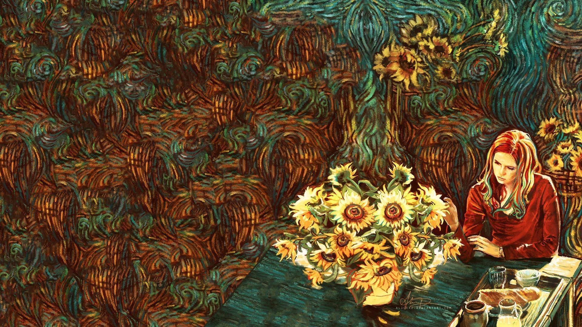 1920x1080 Van Gogh, Karen Gillan, Amy Pond, Doctor Who, sunflowers .
