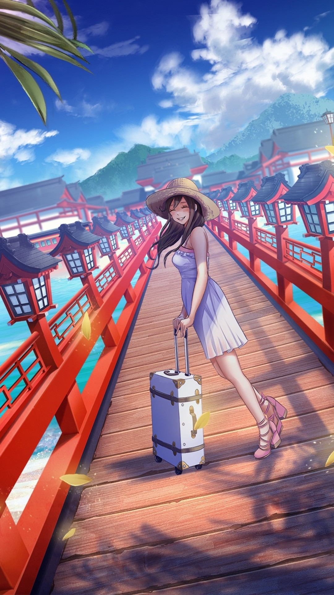 1080x1920 Anime Girl, Summer, Bridge, Japan Traditional Buildings