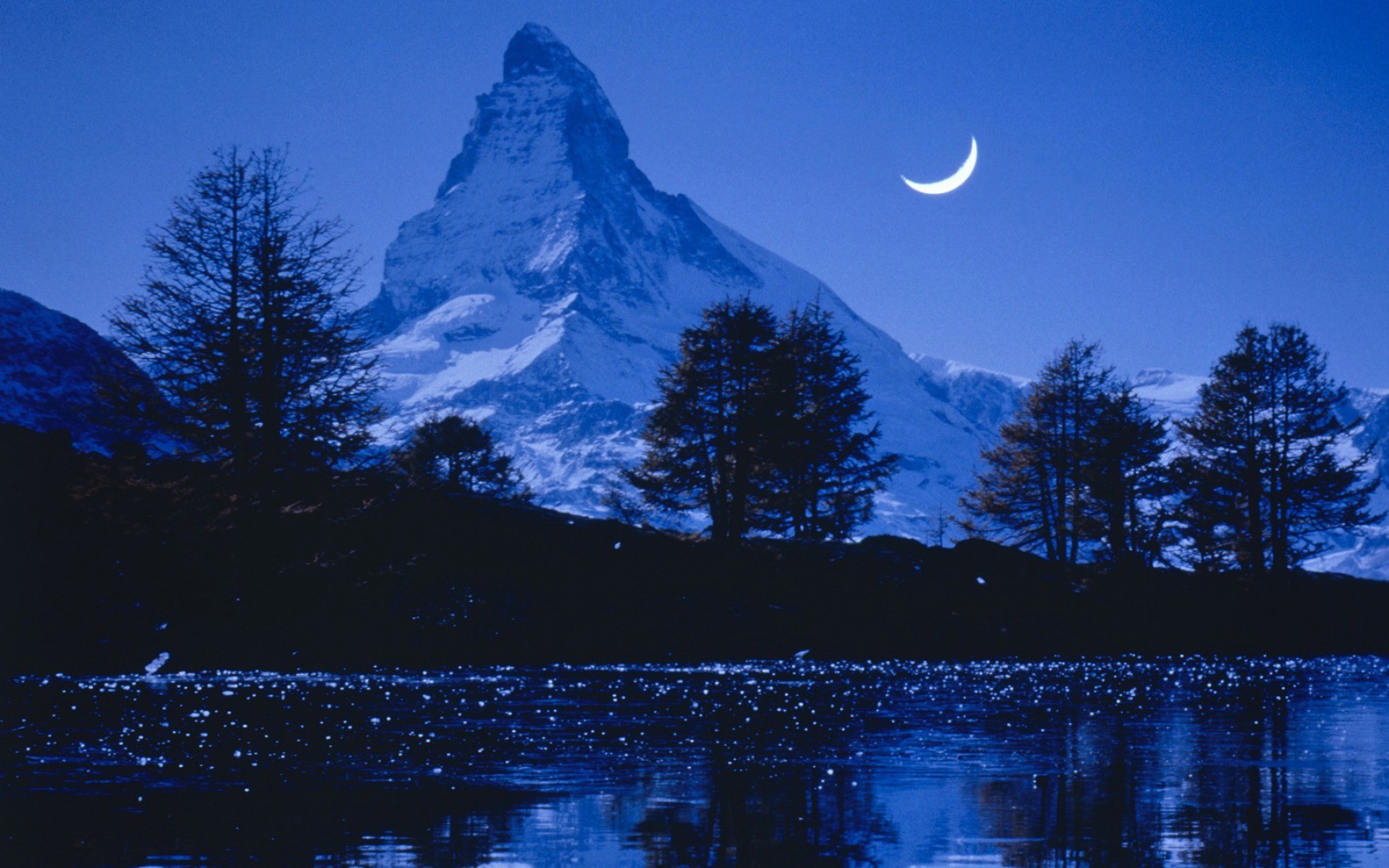 1920x1200 Earth - Matterhorn Earth Sky Evening Switzerland Peak Mountain Blue Night  Nature Moon Tree Wallpaper