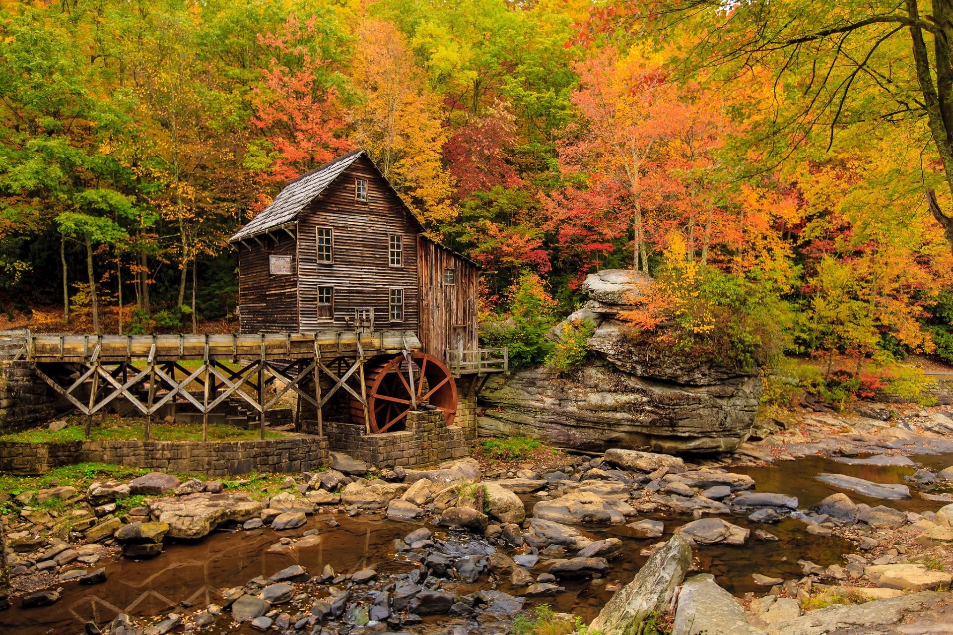 1920x1280 united states west virginia fayette county new river gorge babcock state  park autumn water mill