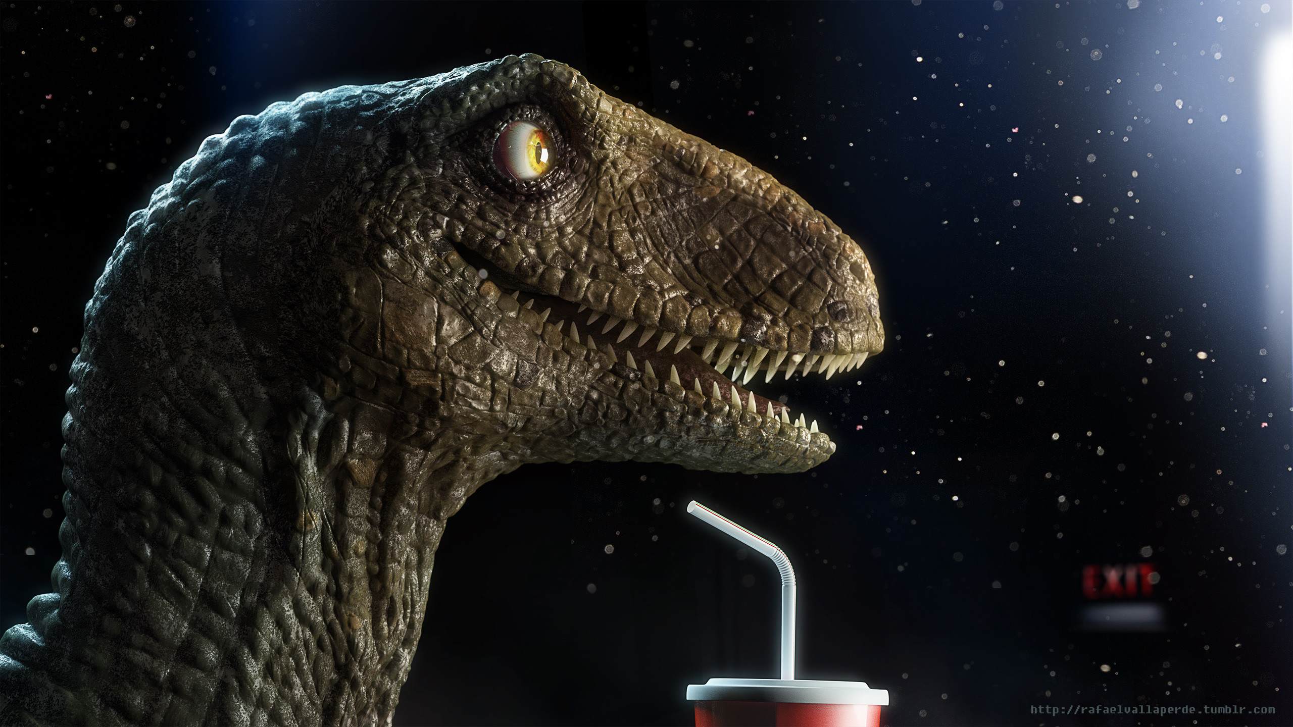2560x1440 Happy raptor watching movie film cinema 3D CGI digital illustration  wallpapers raptors dinosaurs by Rafael Vallaperde