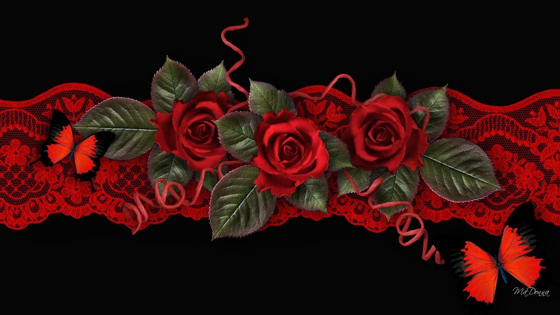1920x1080 Artistic - Rose Red Flower Artistic Red Butterfly Wallpaper