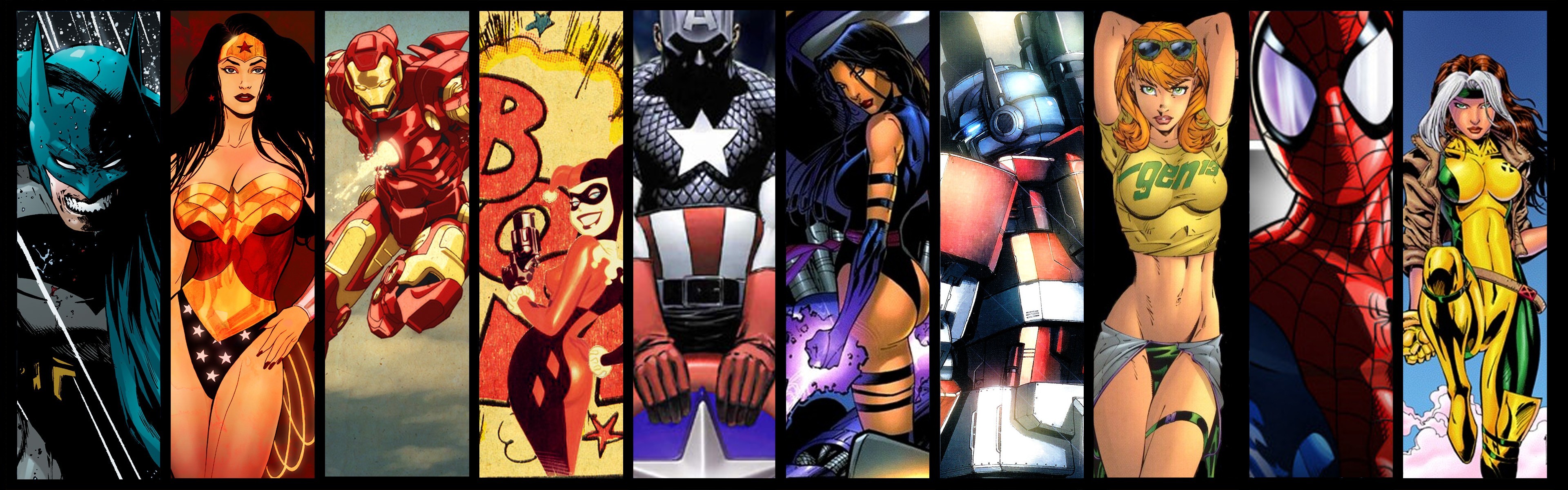 3840x1200 General  Marvel Comics The Avengers DC Comics Transformers Batman  Harley Quinn Iron Man Wonder Woman