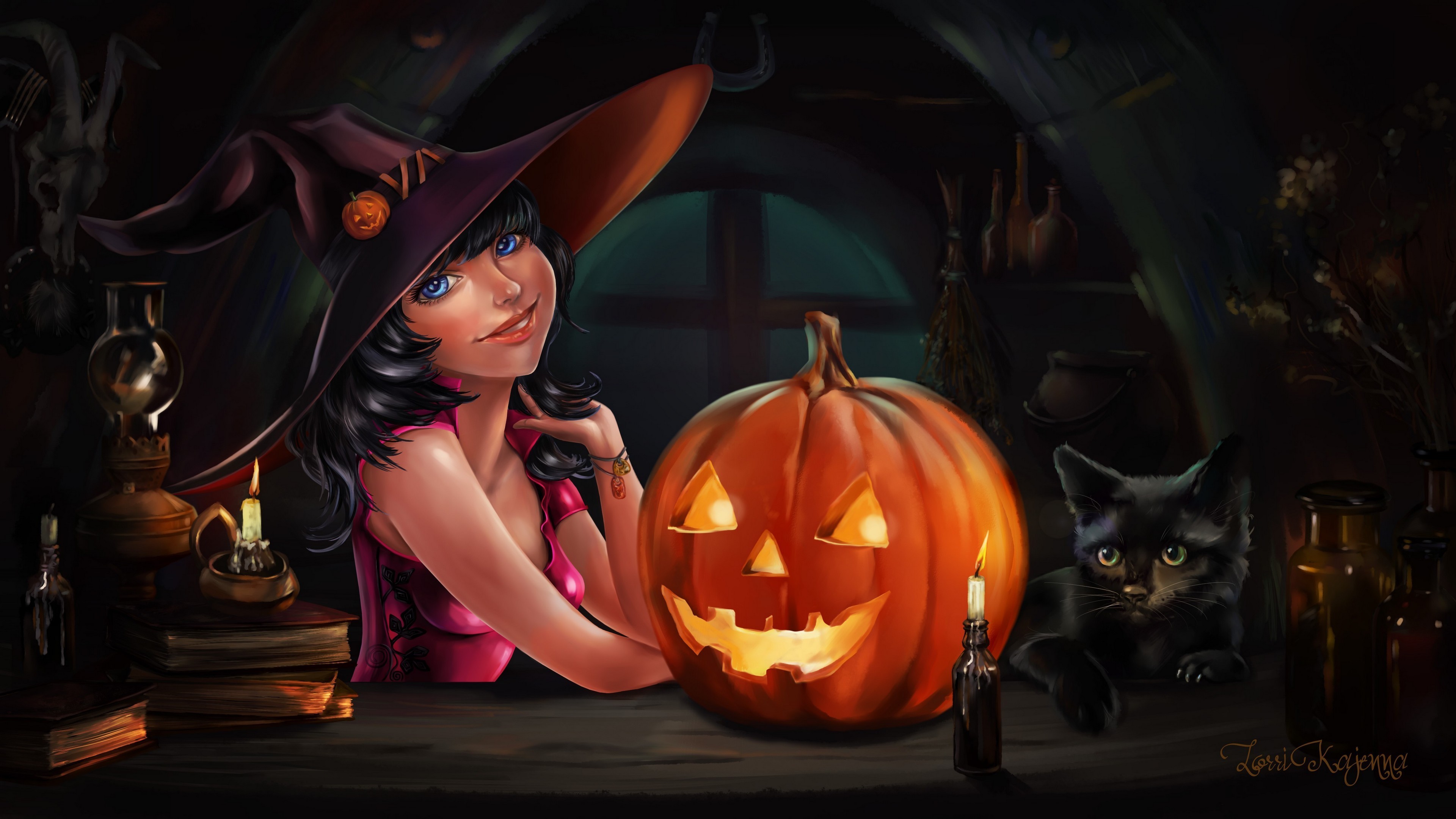 3840x2160 Halloween Black Hair Blue Eyes Witch Hat Jack O' Lantern Pumpkin Cat Witch  Wallpaper