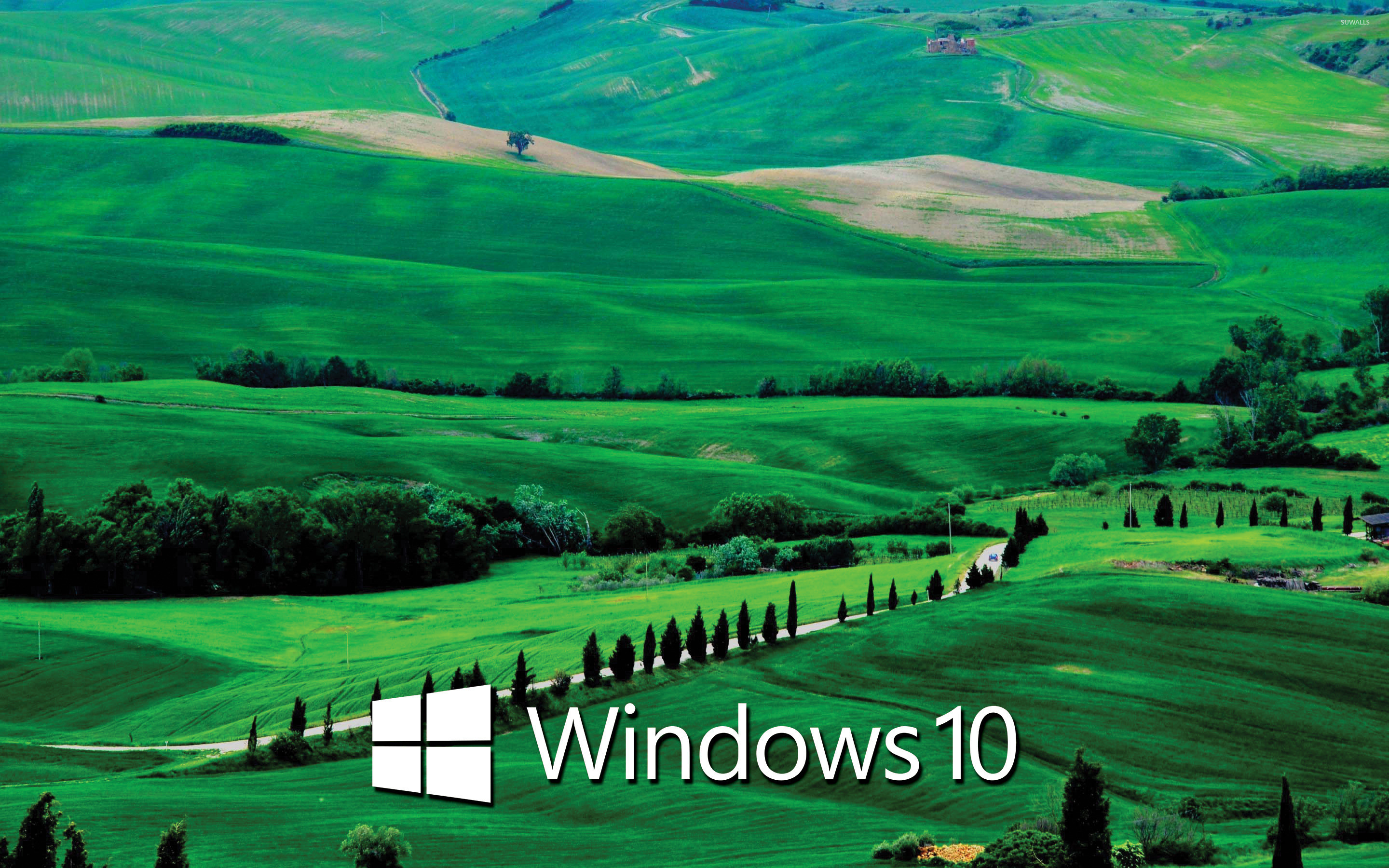 2880x1800 Windows 10 text logo on the green hills wallpaper
