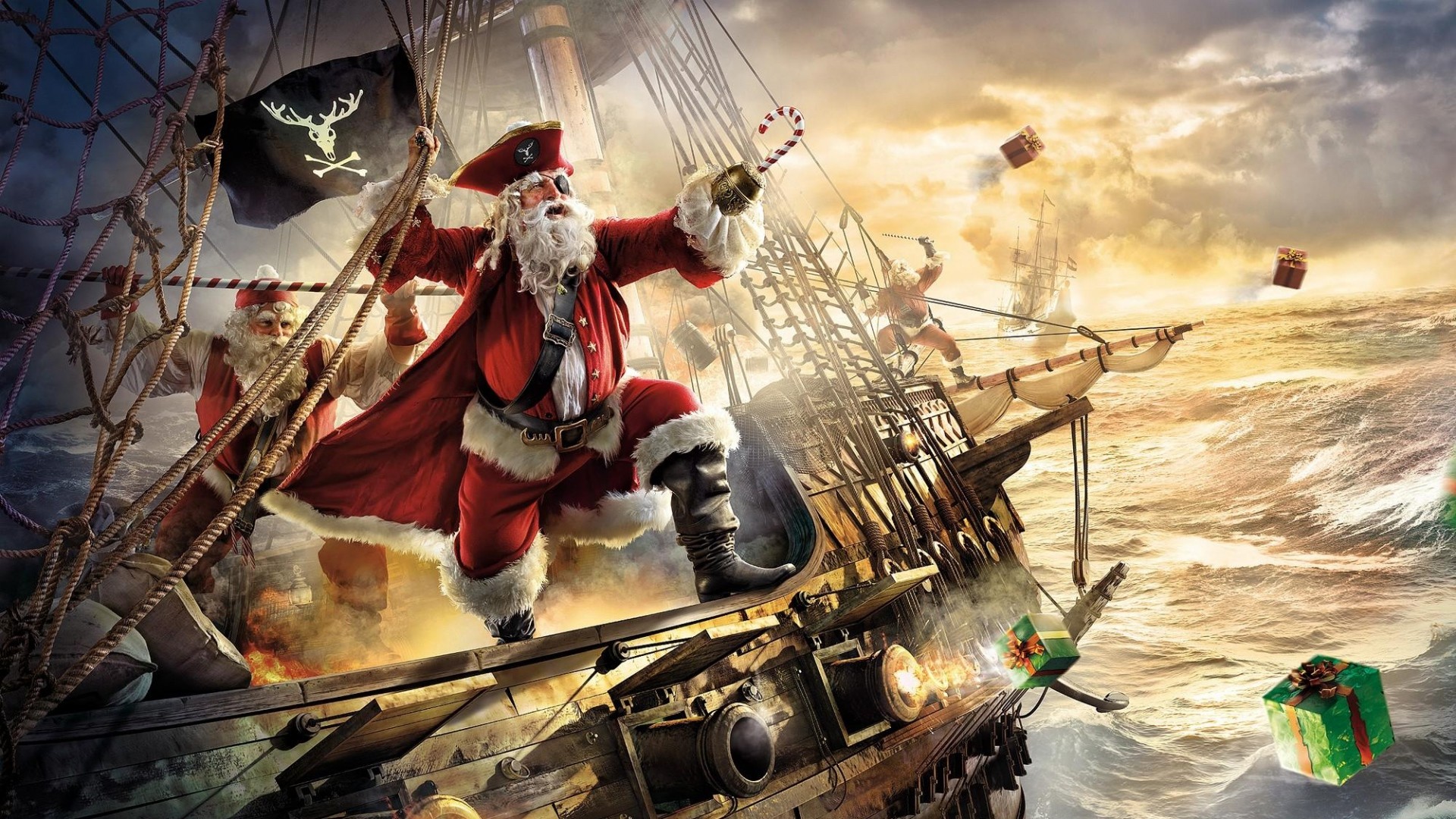 1920x1080  Wallpaper santa claus, pirate, ship, gifts, sea, storm