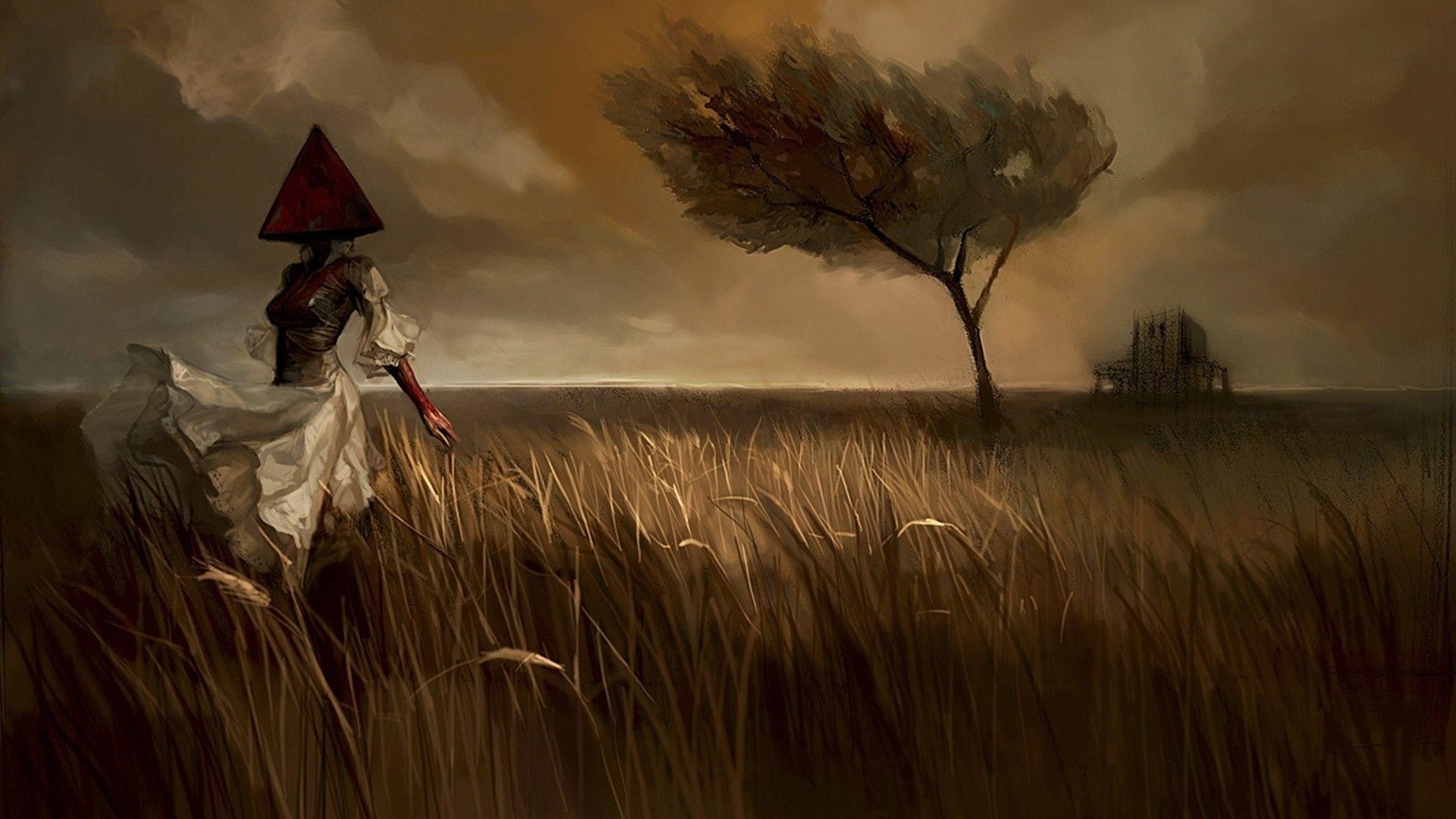 1920x1080 Woman on the field with a pyramid head Wallpaper #