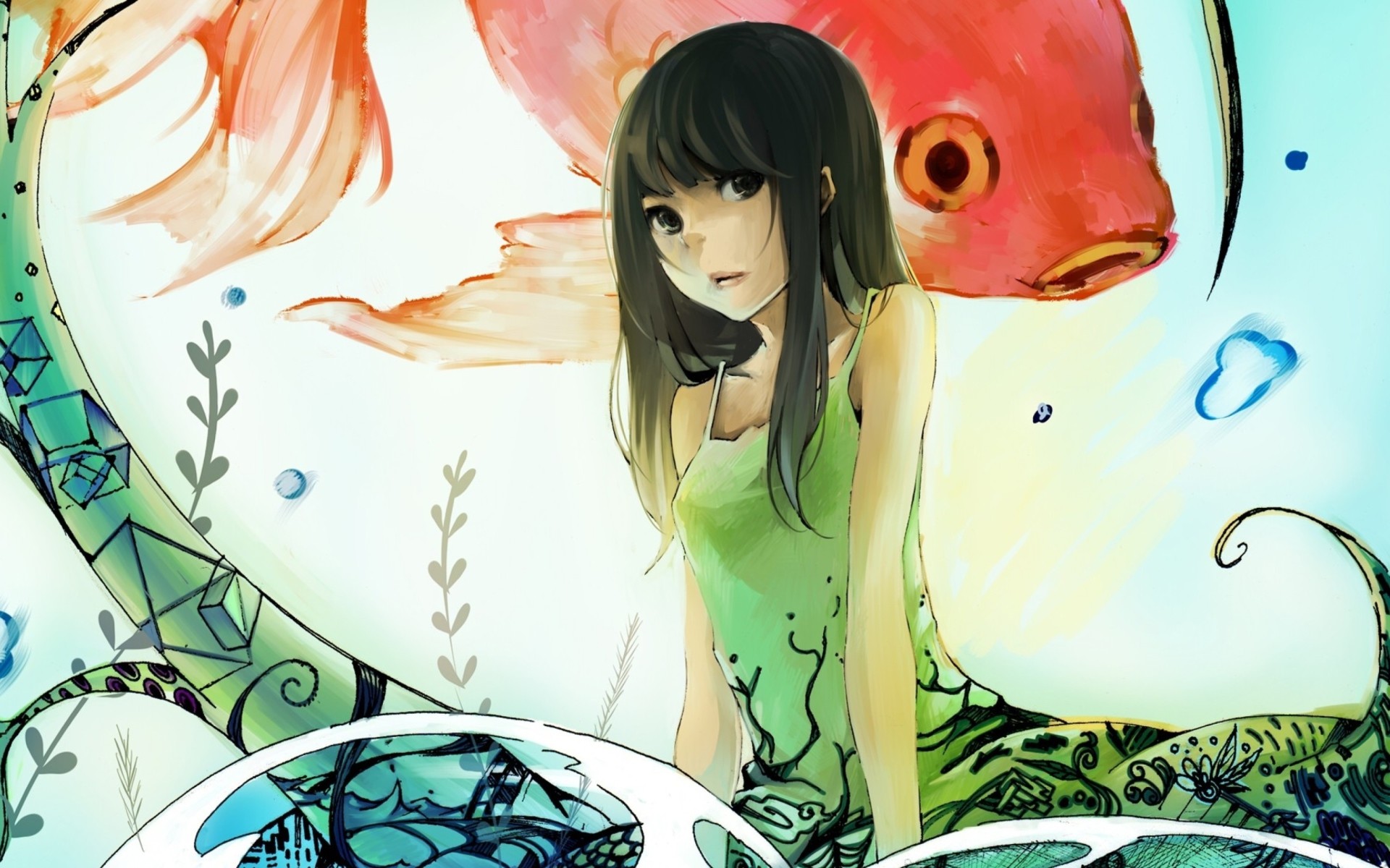 1920x1200 Cute Anime Girl & Fishes desktop PC and Mac wallpaper