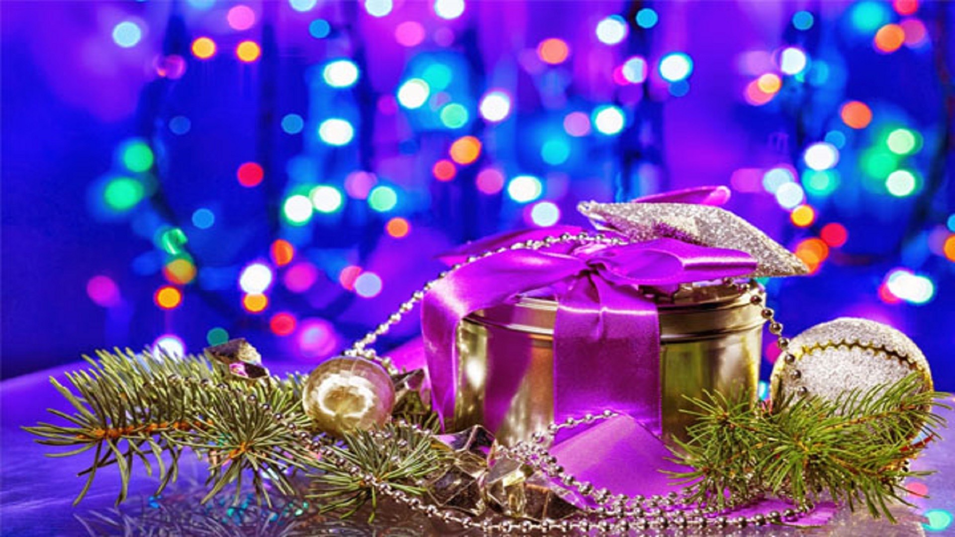 1920x1080 Picture of New Year decorations with fancy box on circles bokeh background  stock photo, images and stock photography.