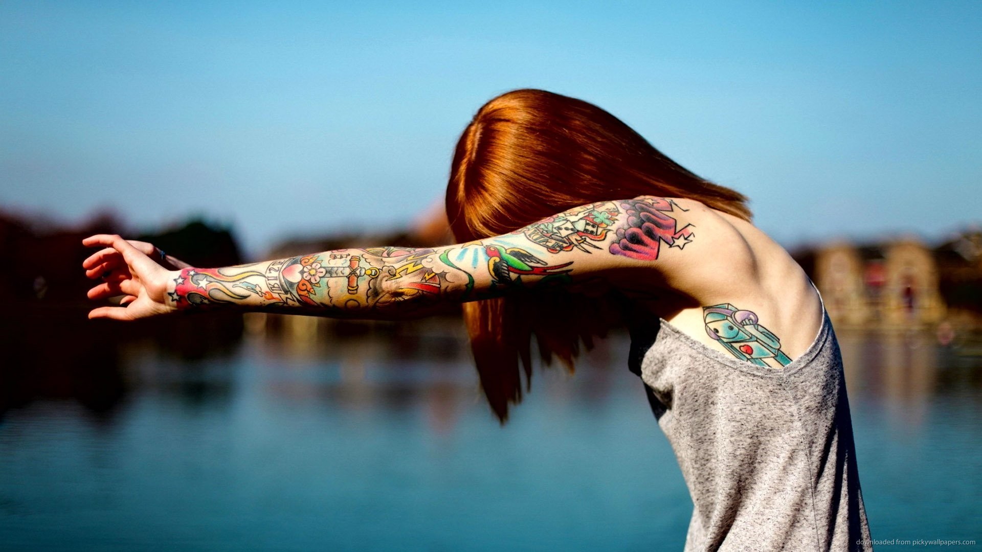 1920x1080 Red girl with colorful tattoos picture