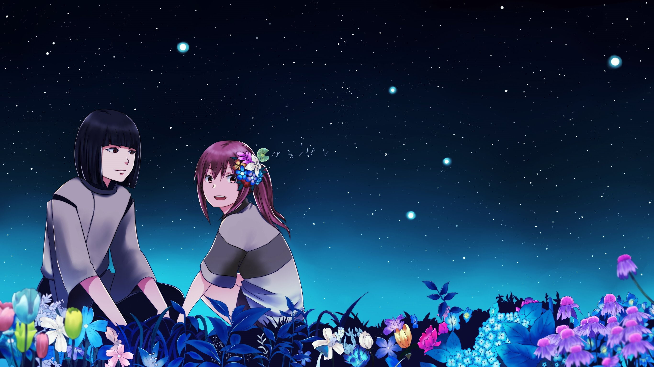 2732x1536 away, chihiro, flowers, haku, night, ogino, spirited, stars