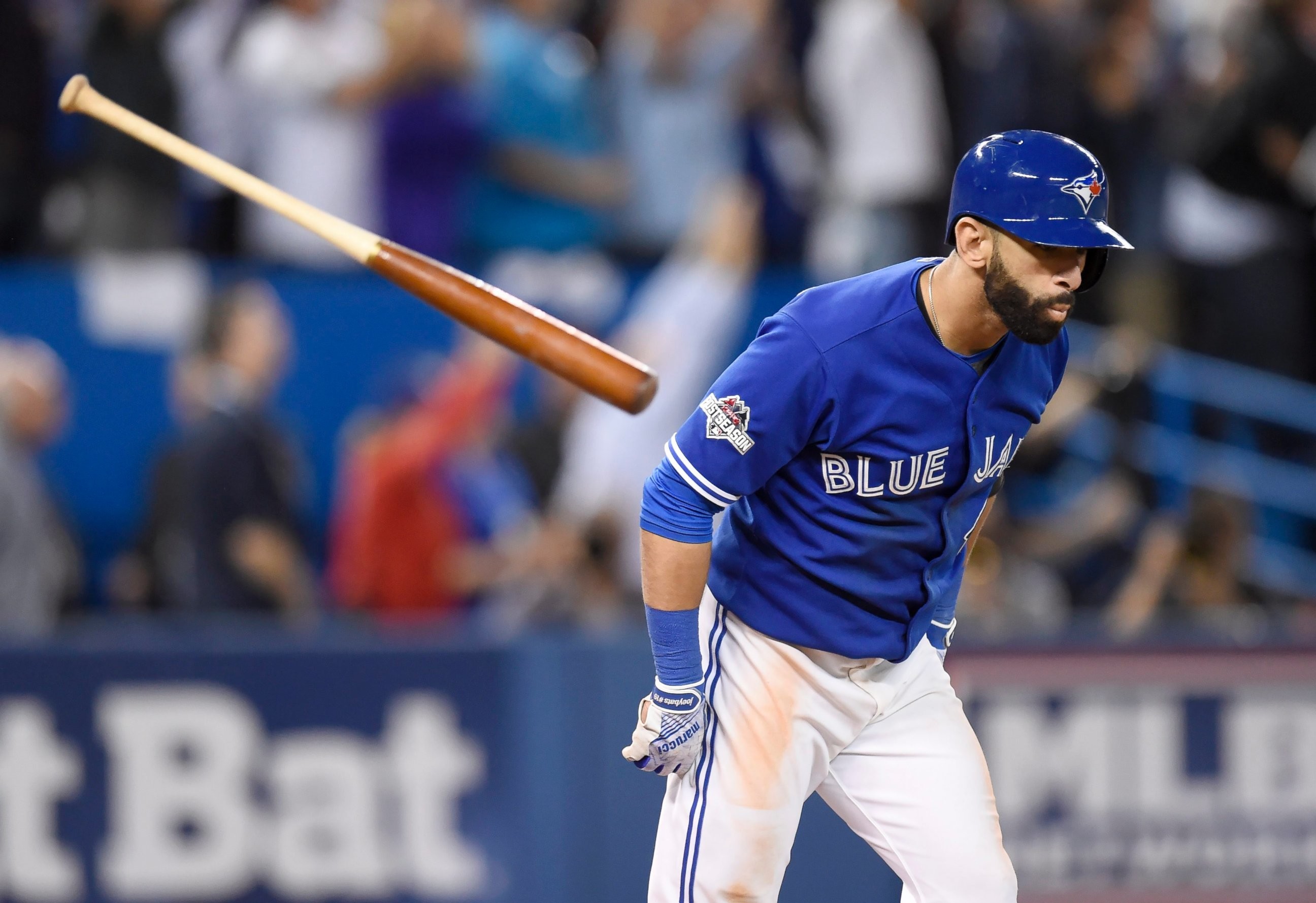 2592x1778 PHOTO: Toronto Blue Jays' Jose Bautista flips his bat after hitting a  three-run home run against the Texas Rangers during the seventh inning in  Game 5 of ...