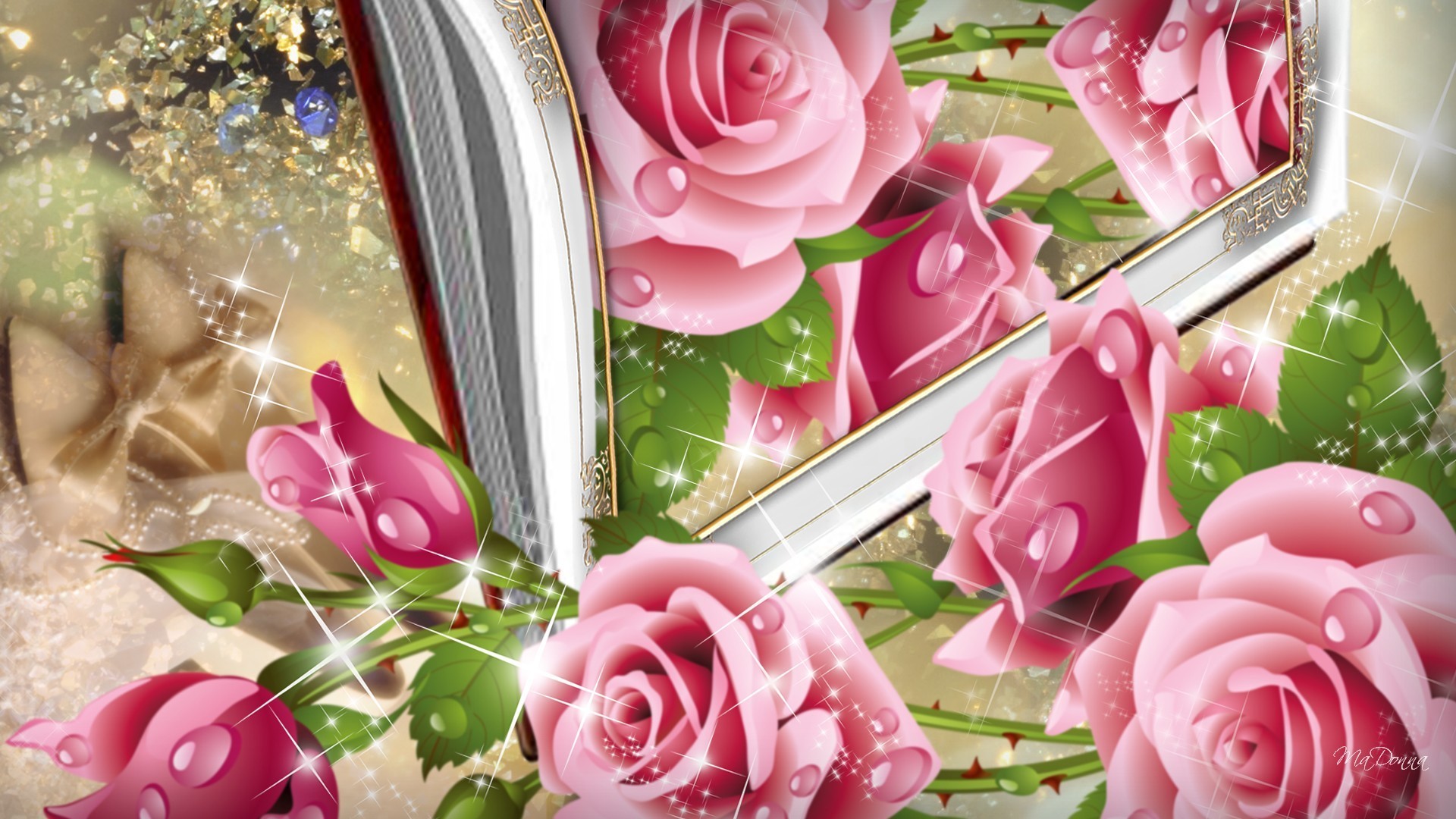 1920x1080 Roses Tag - Roses Summer Sparkles Flowers Pink Book Dew Spring Stars Flower  Desktop Pictures for