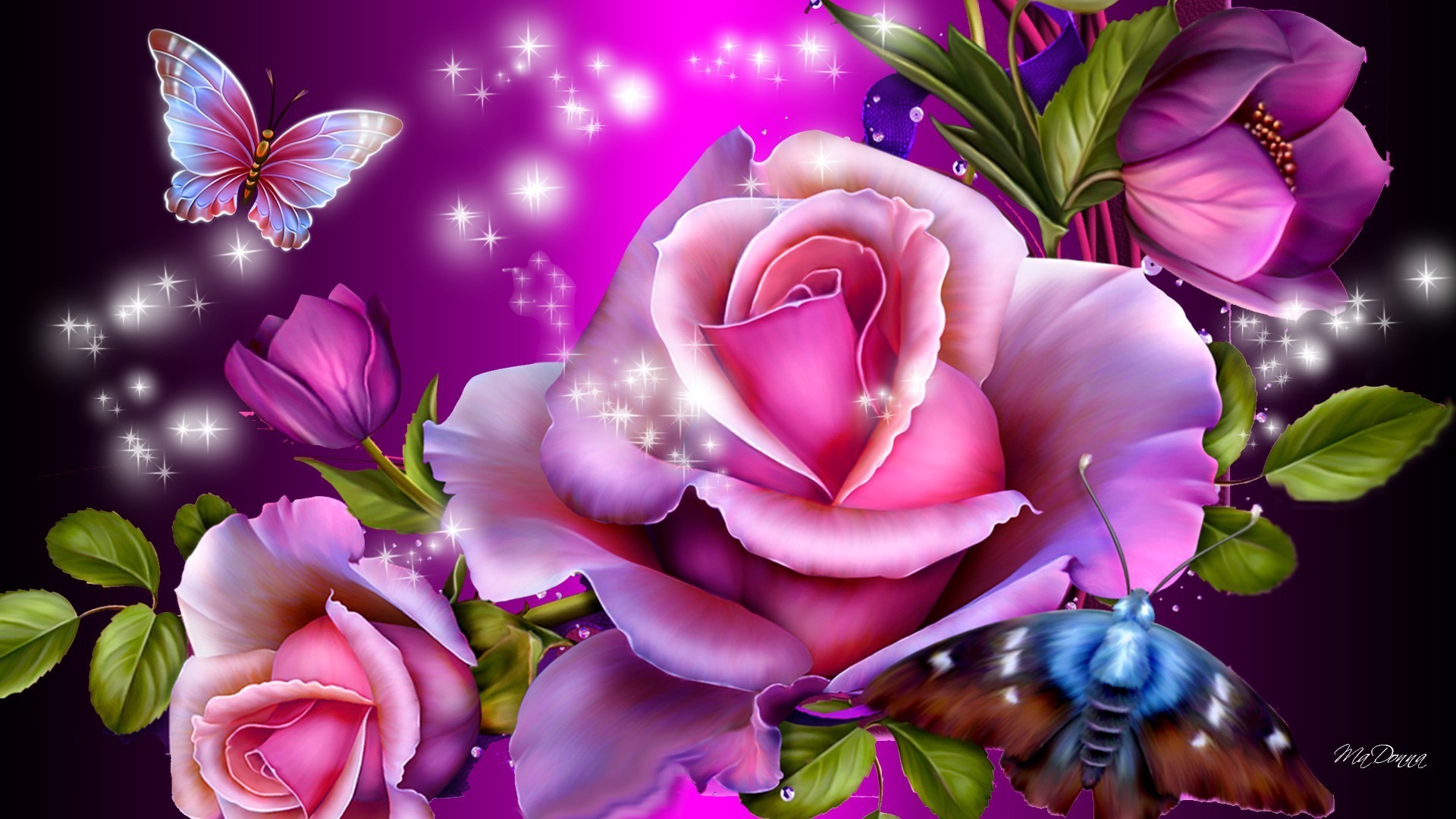 1920x1080  Drawn wallpapers Purple roses and butterflies
