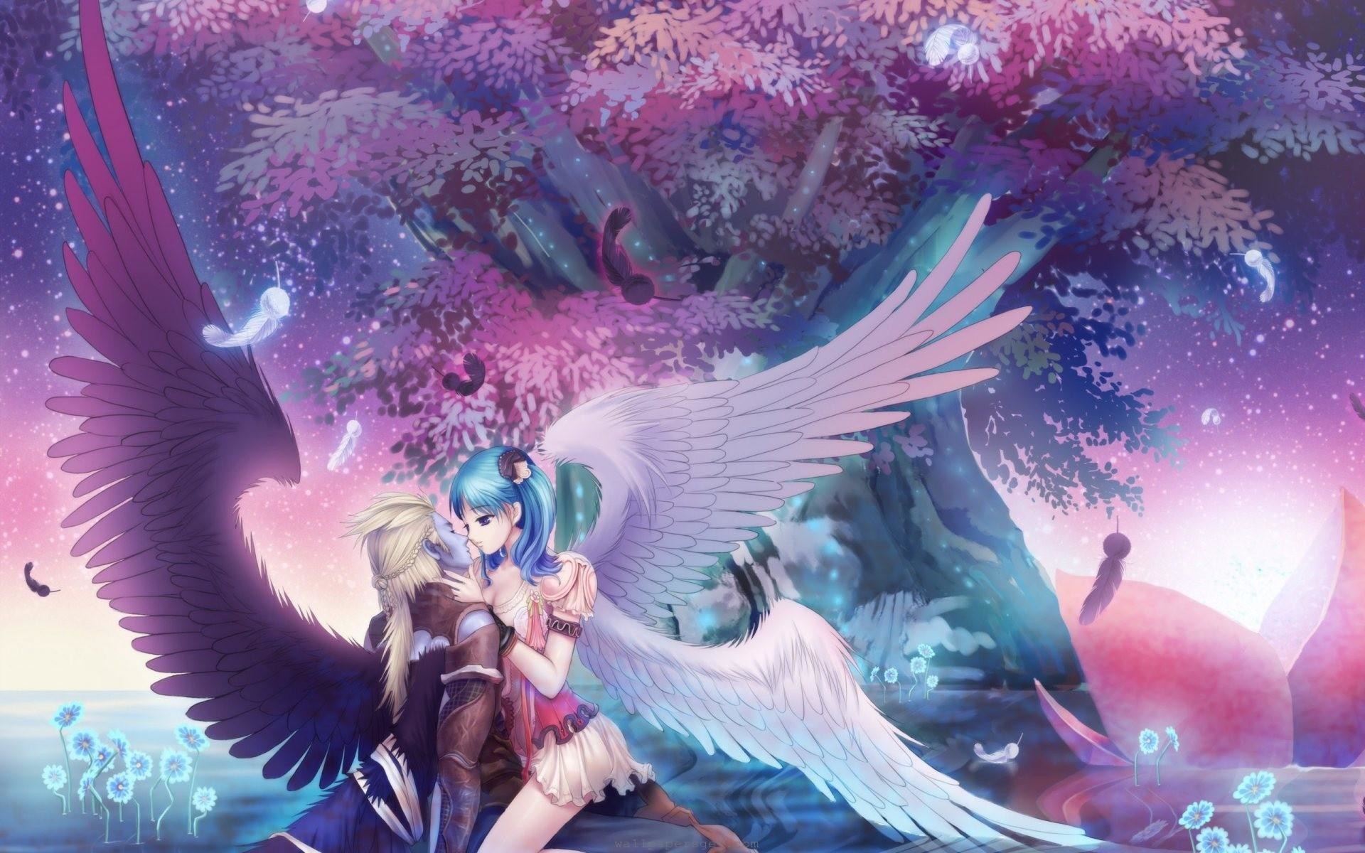1920x1200 Anime girl and her lover, angel, tree, night wallpaper