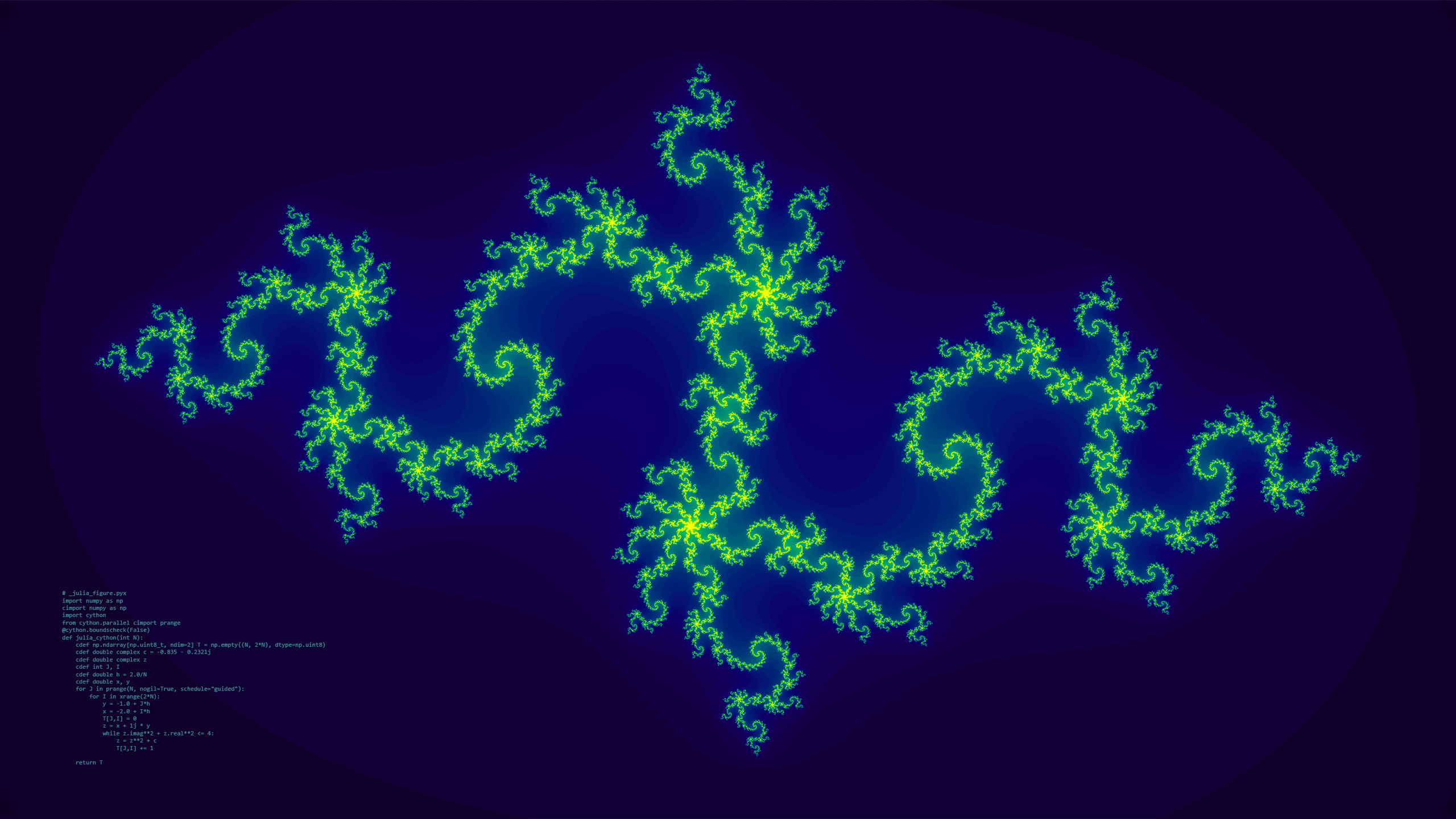 2560x1440 Julia fractal wallpaper including the parallel Cython code used to generate  it ...