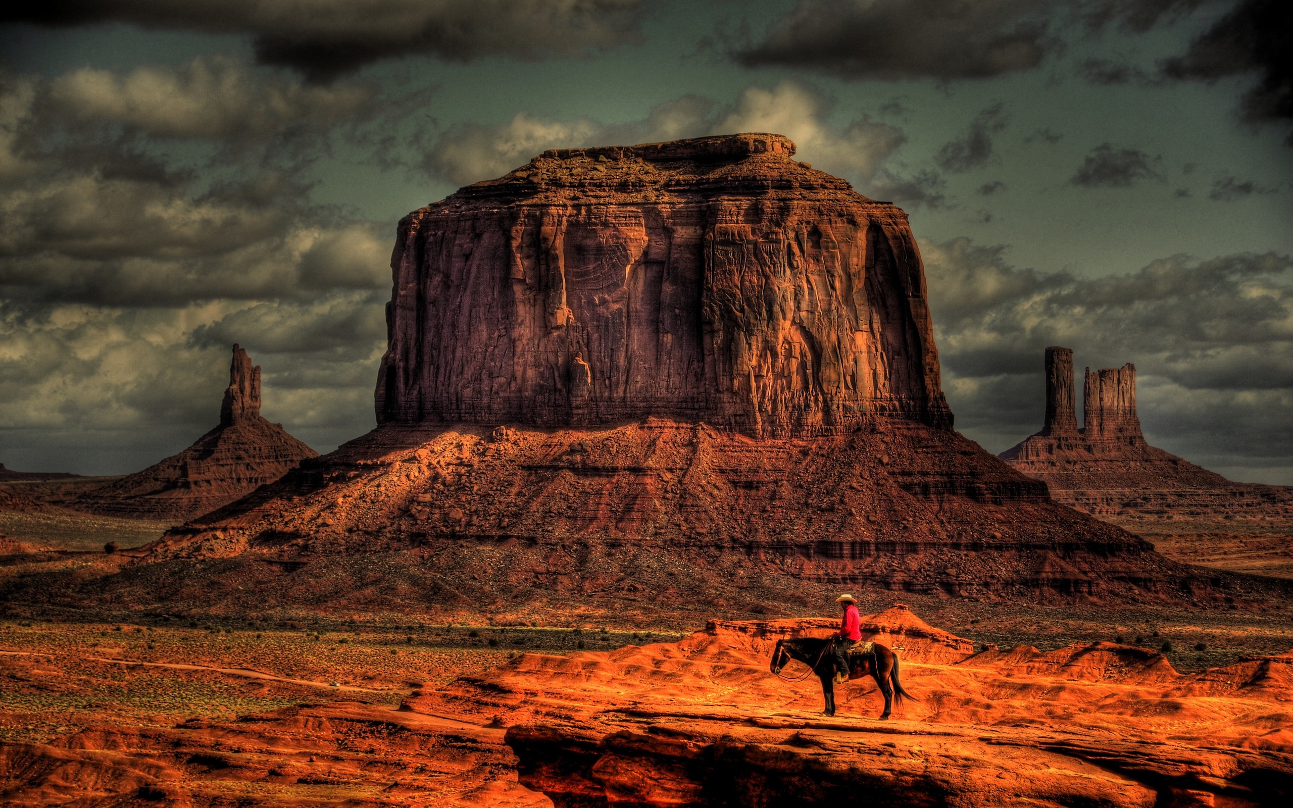 2560x1600 Cowboy Horse Desert Rock Stone HD wallpaper