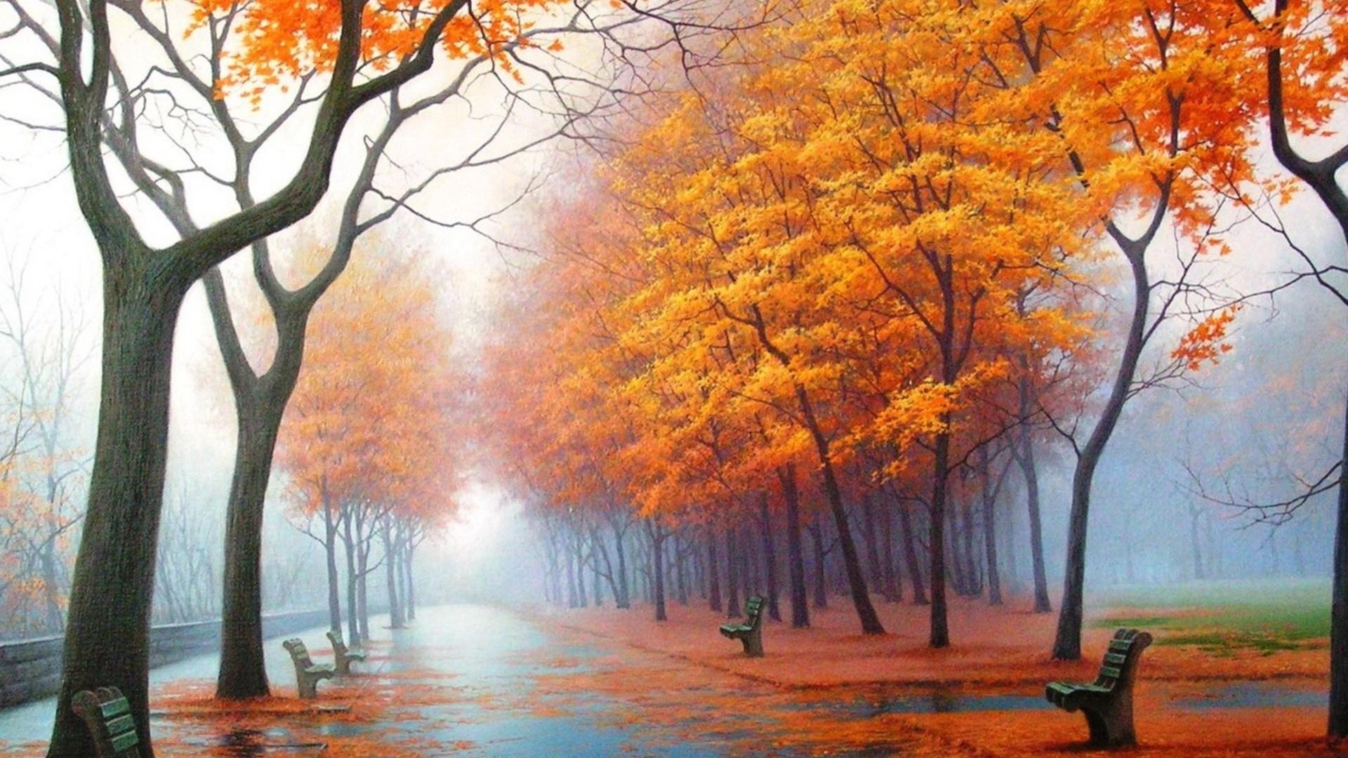 1920x1080 Preview wallpaper autumn, park, avenue, benches, trees, leaf fall, fog