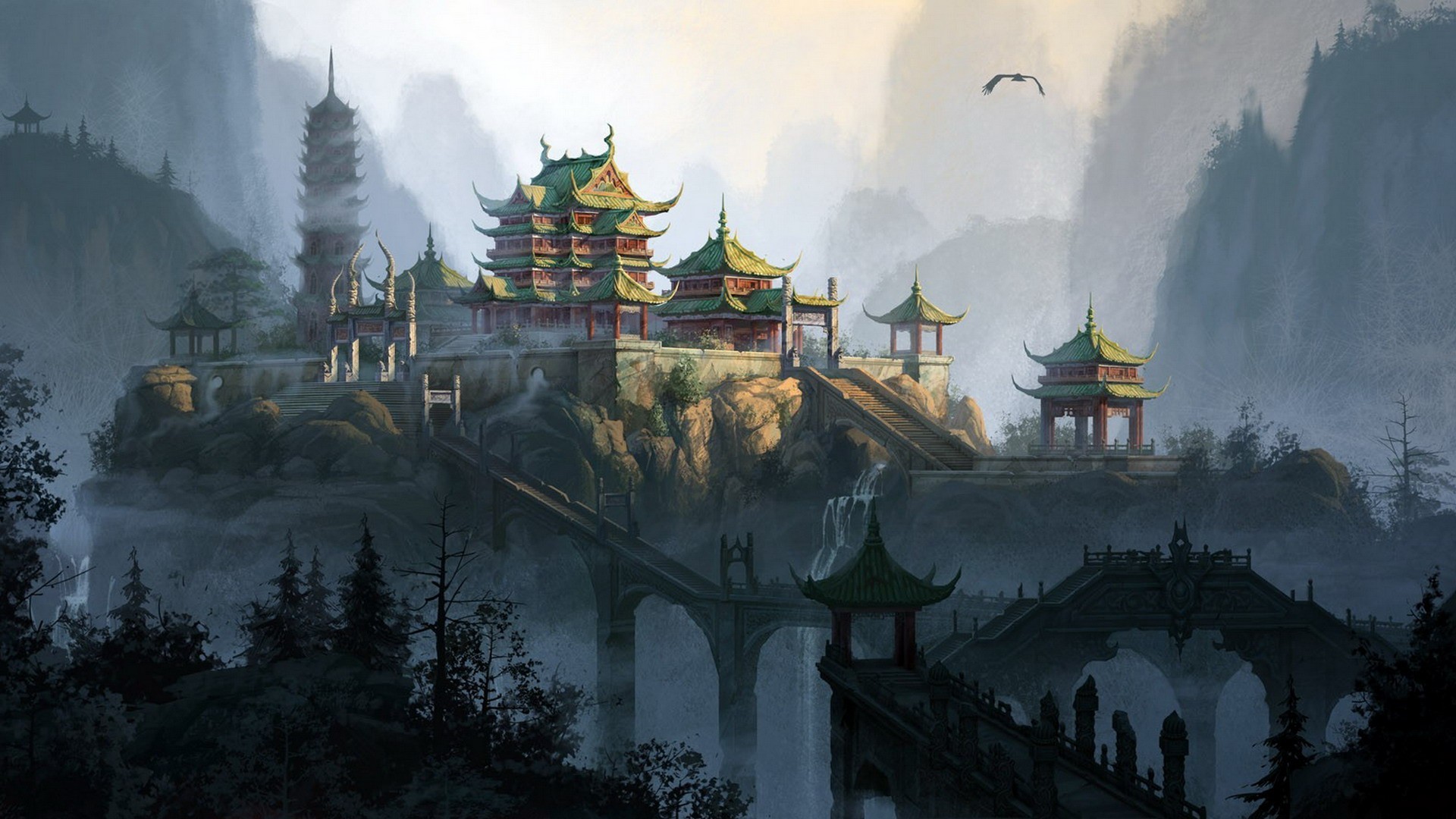 1920x1080 Living room bedroom home wall decoration fabric poster anime Asian  architecture mountain flying birds