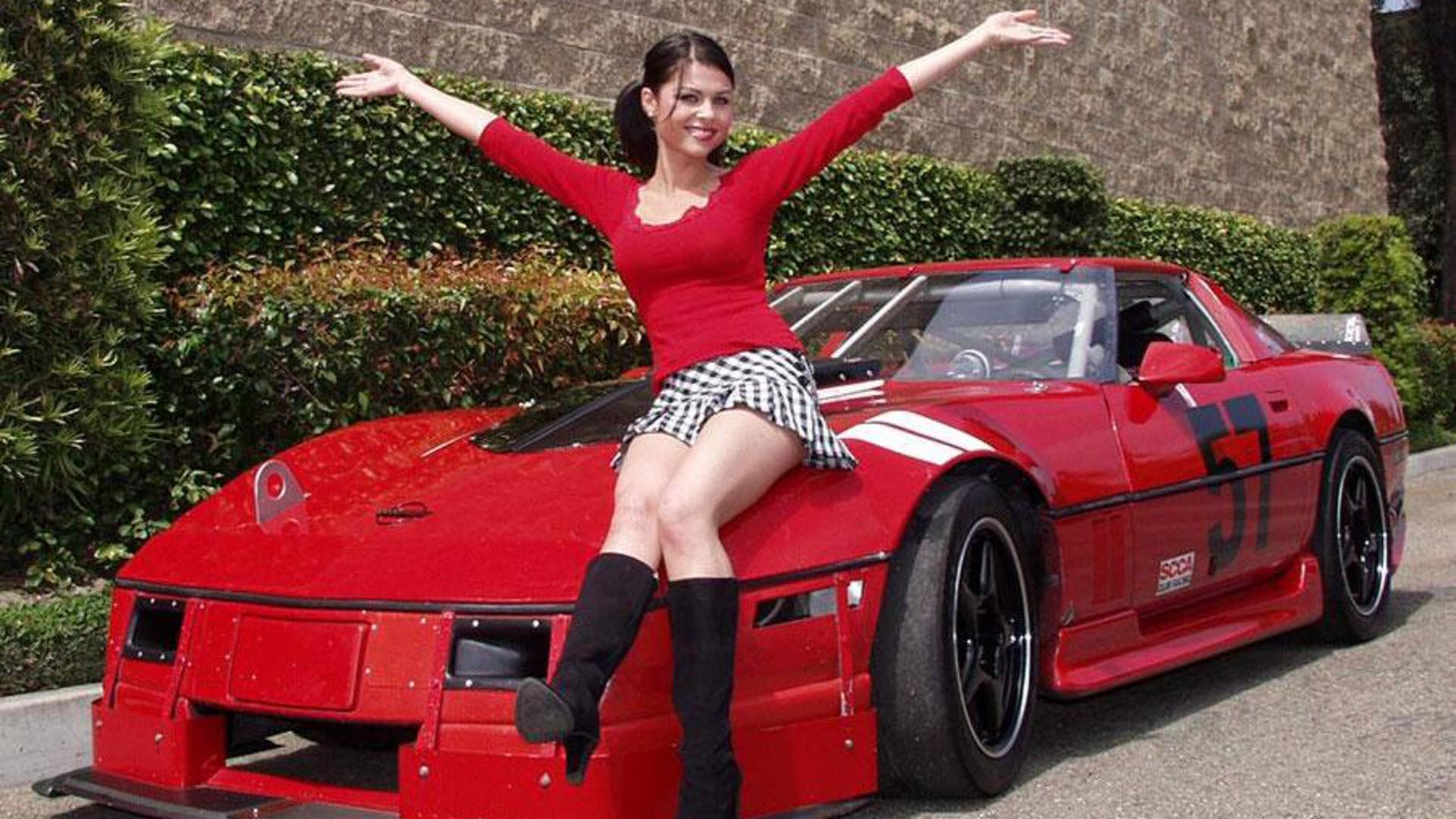 1920x1080 Exotic Red Car And Girl In Red Dress Wallpapers