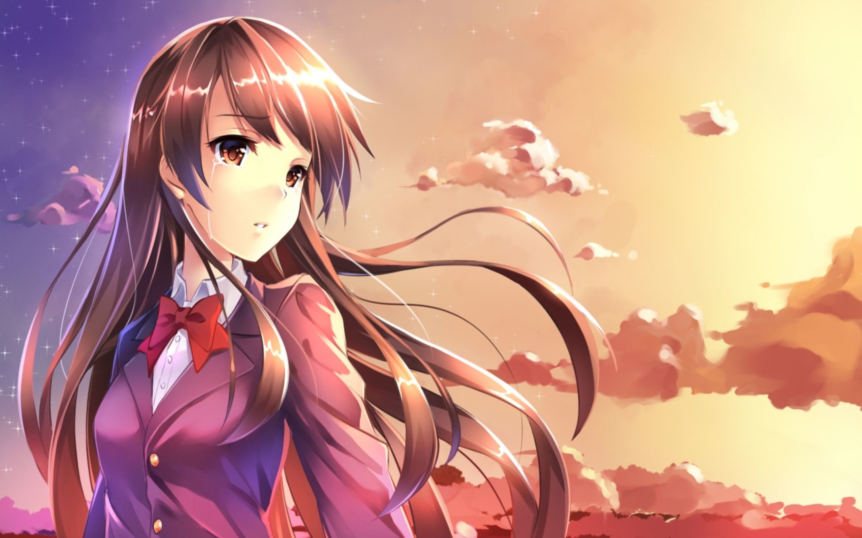 2816x1760 Sunset Tears Red Bow Crying Anime Girl Wallpaper