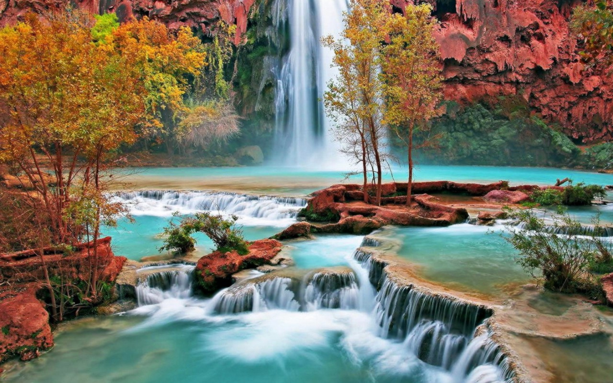 2560x1600 Waterfall And Red Mountain Wallpaper