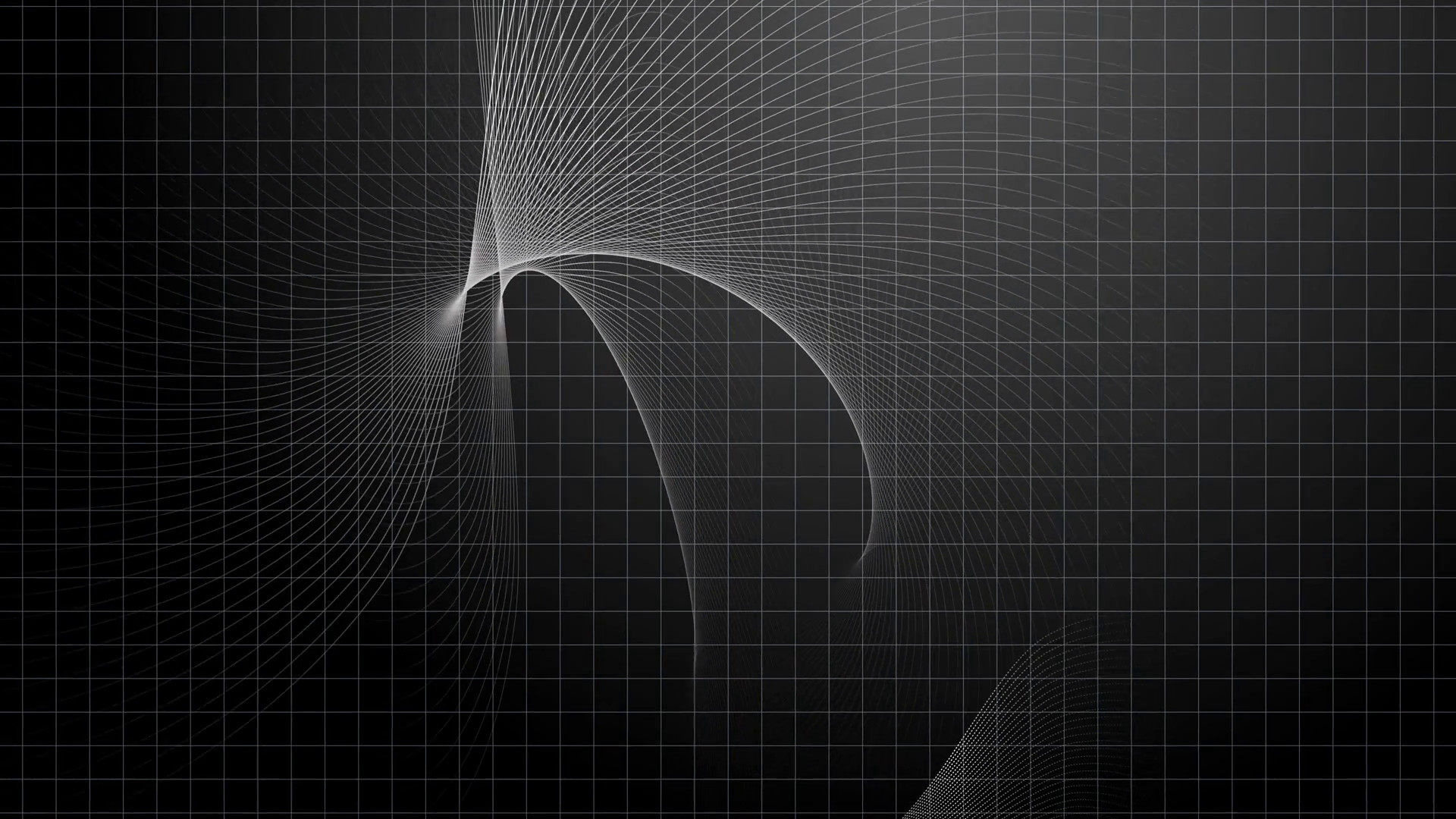 1920x1080 Abstract geometric dark gray background with moving curves on transparent  grid. Concept of interaction and technologies orchestration.