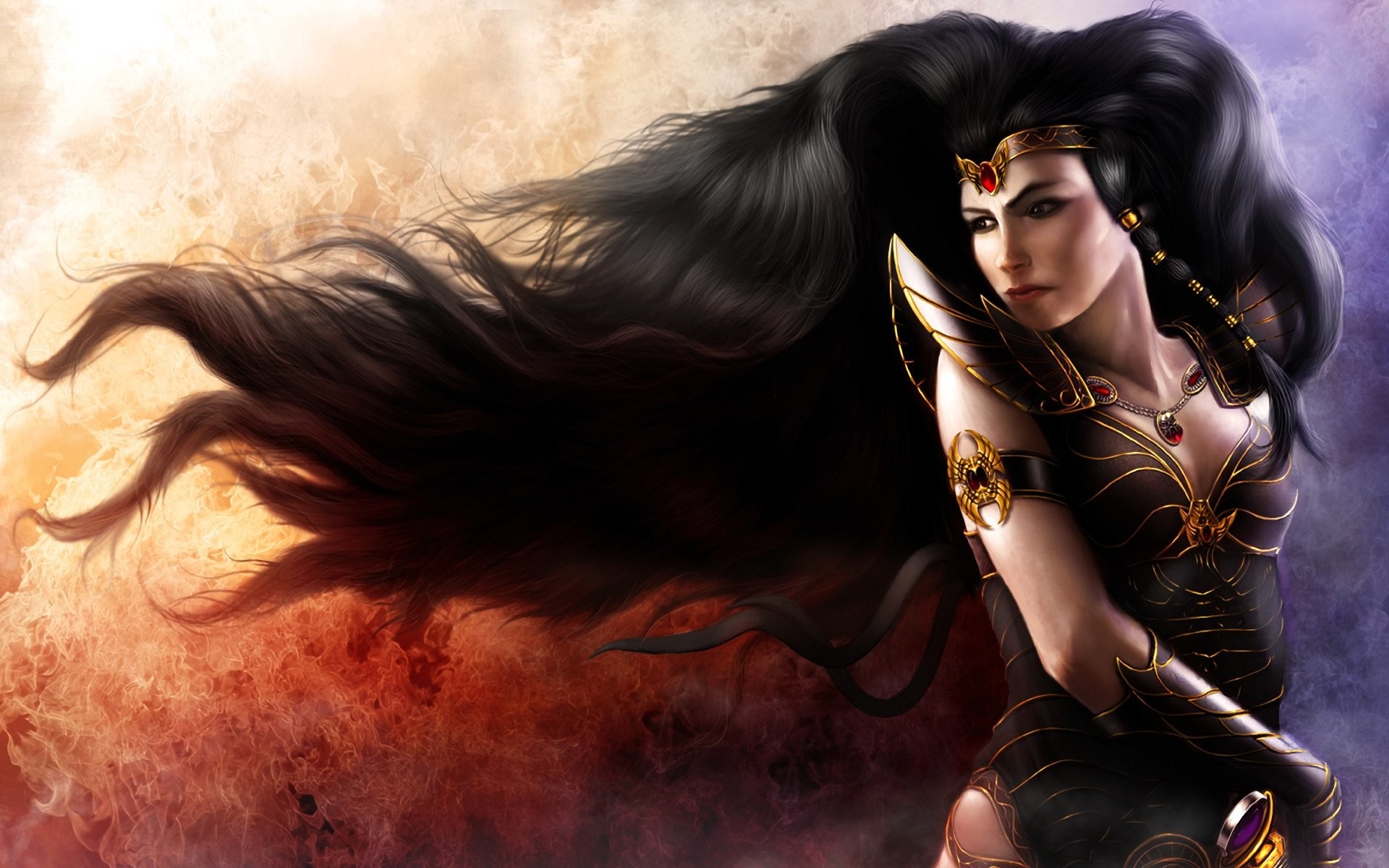 1920x1200 Fantasy - Women Warrior Long Hair Armor Headband Sword Woman Warrior Girl  Woman Black Hair Fantasy