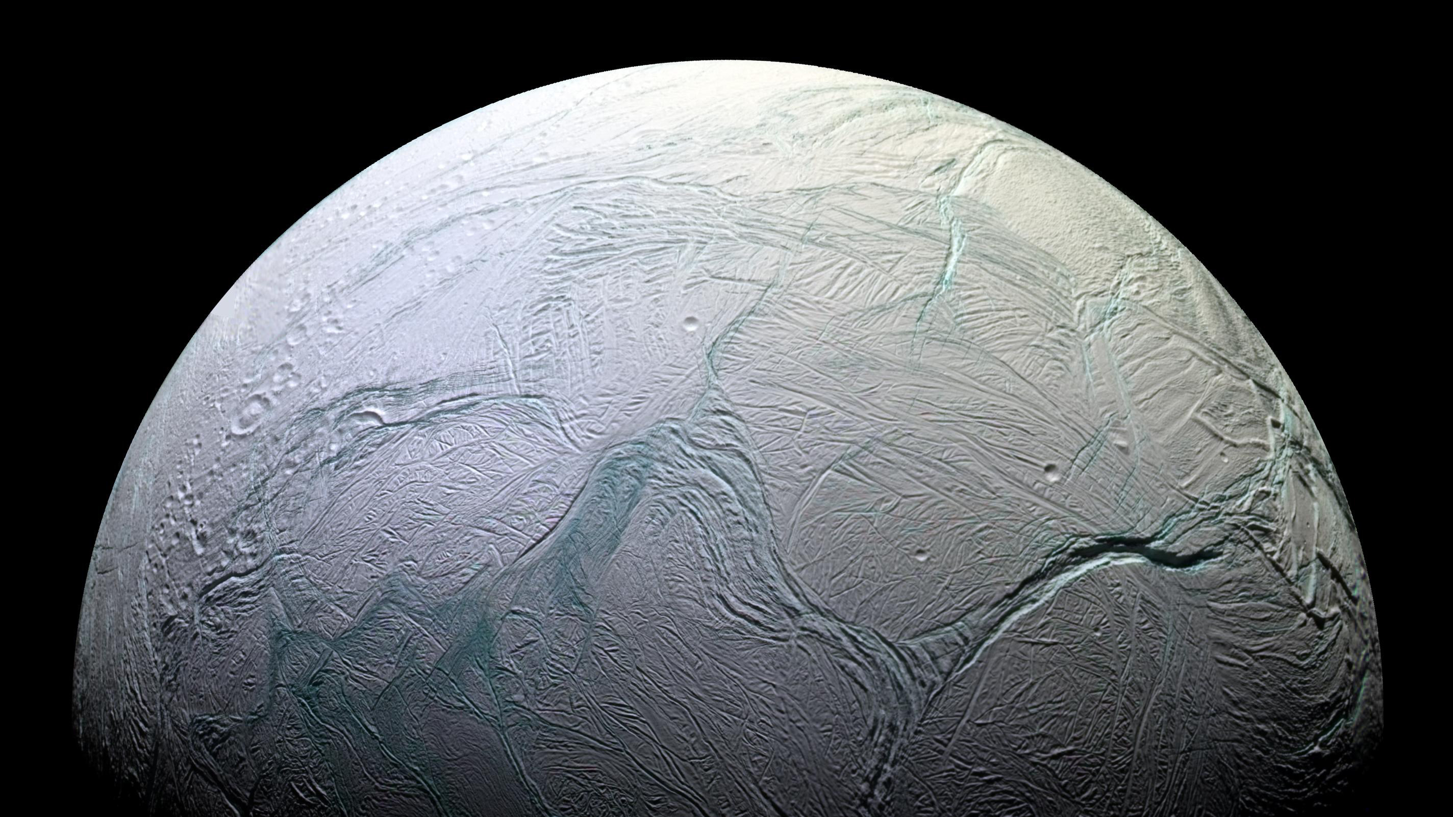 2848x1602 Enceladus' active south polar region in October 2008