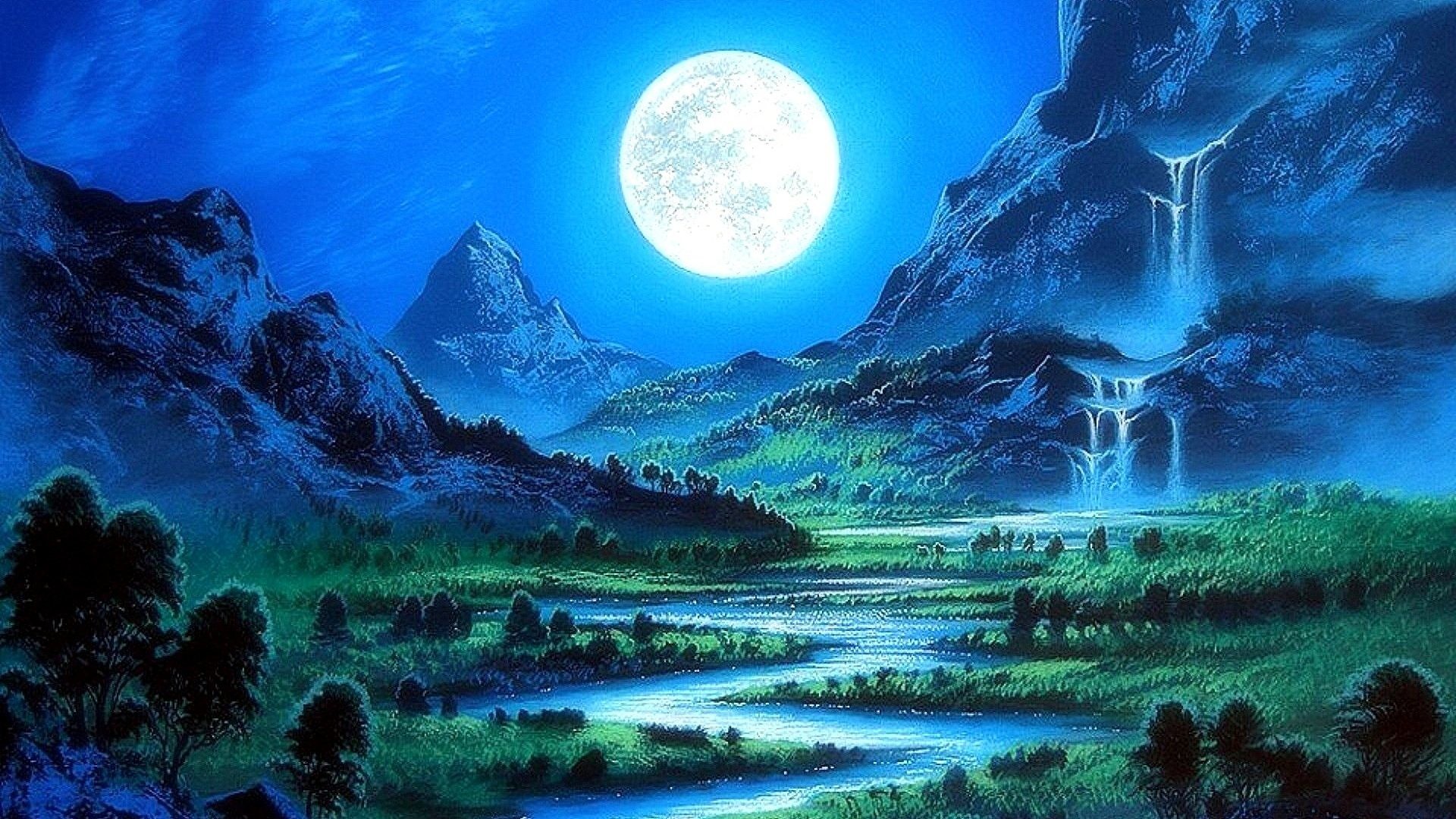 1920x1080 Scenery Moon Beautiful Stunning Cool Moonlight Pre Four Bright Paintings  Nature Downloaded Seasons Rivers Art Mountains Trees Full Blue Paradise  Creative ...