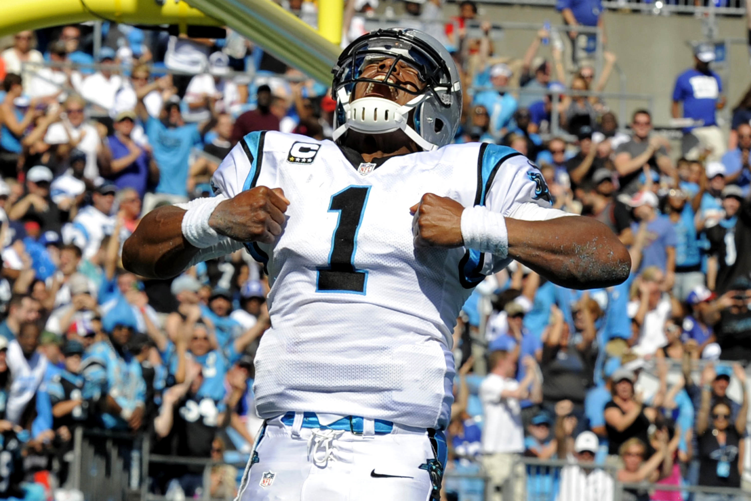 3000x2000 Cam Newton celebrates a TD run in the Panthers' 38-0 drubbing of the
