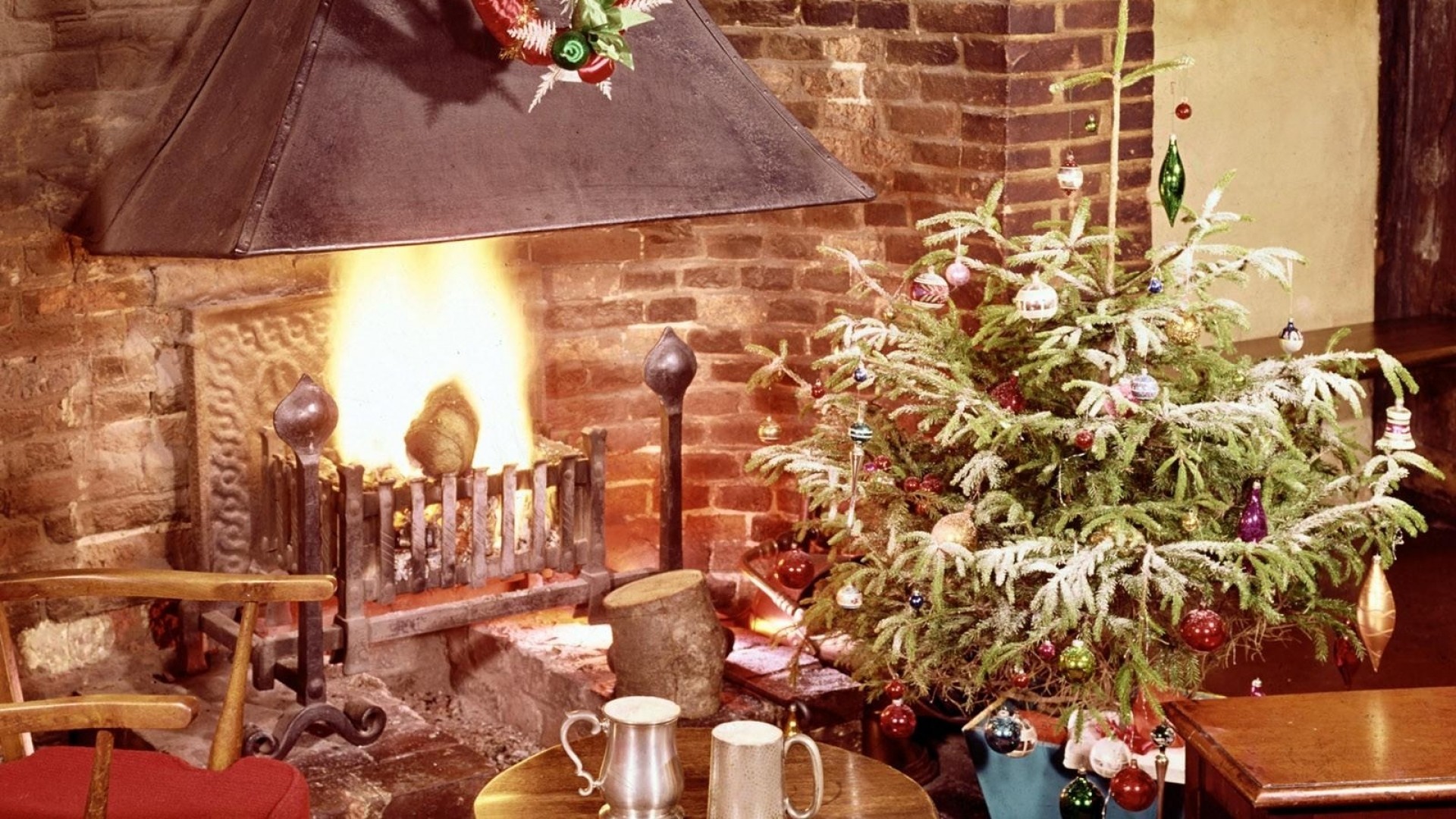 1920x1080  Wallpaper christmas tree, fireplace, fire, holiday, christmas
