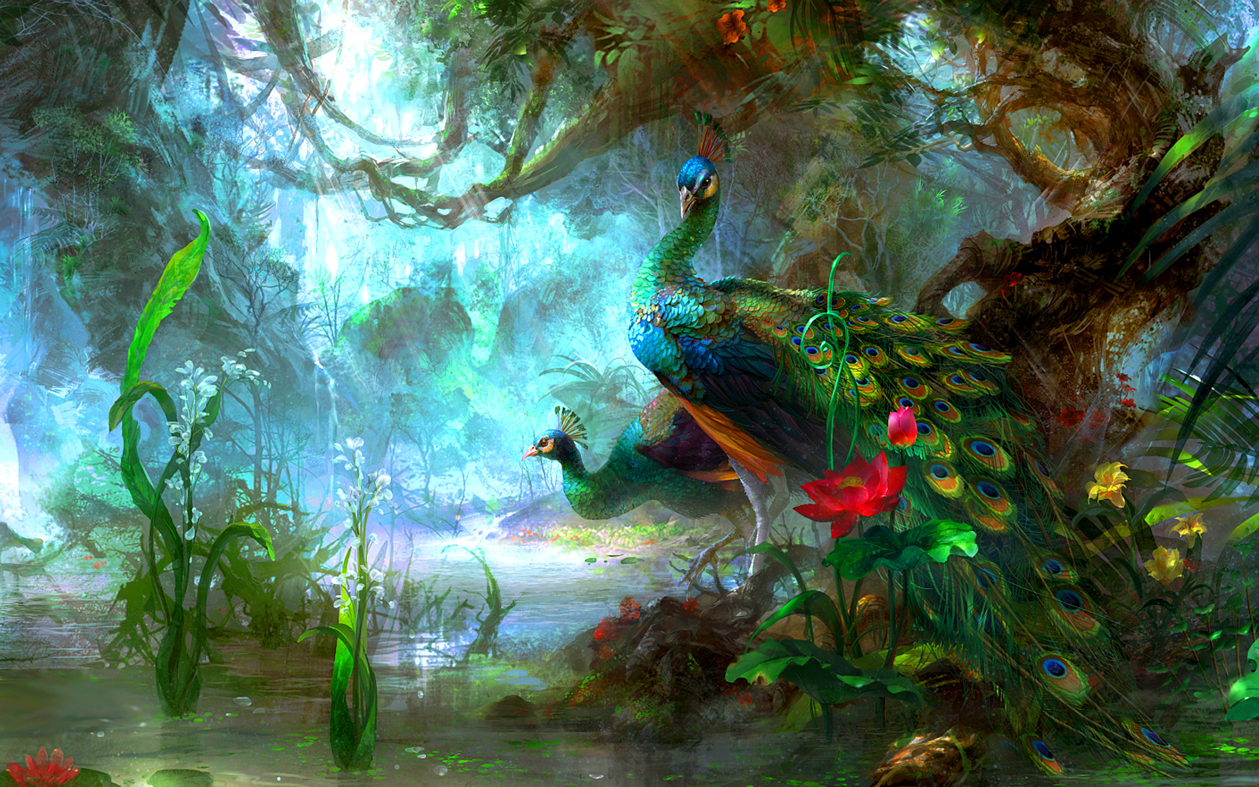 2560x1600 Animal - Peacock Peafowl Colors Colorful Tree Flower Artistic Bird Forest  Green Wallpaper