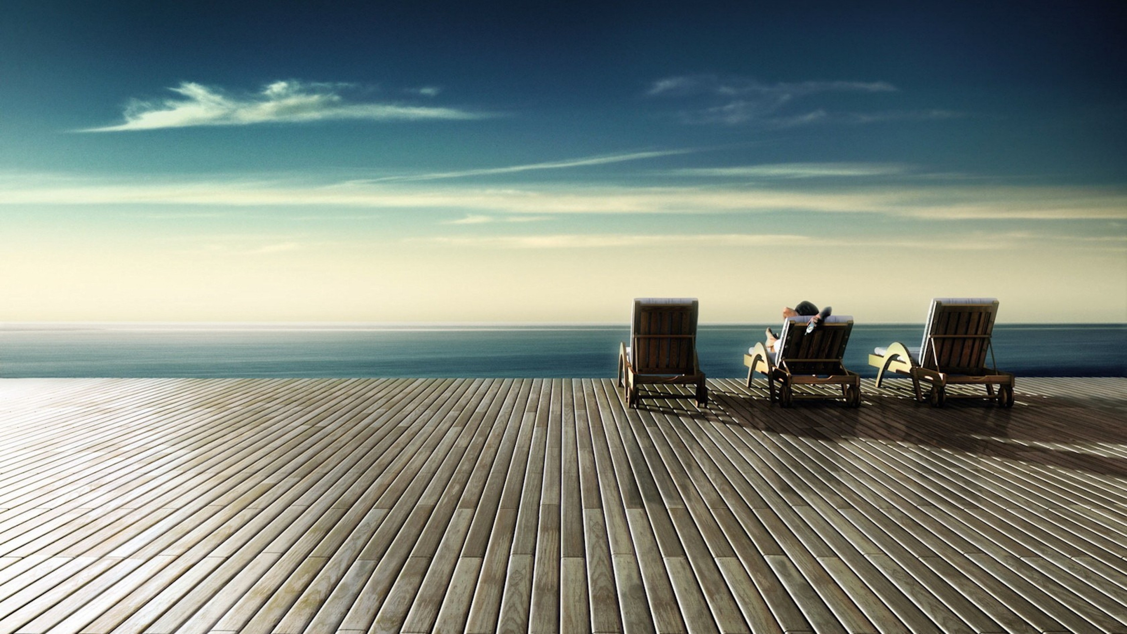 3840x2160  Wallpaper chairs, wood floor, rest, sky, shore