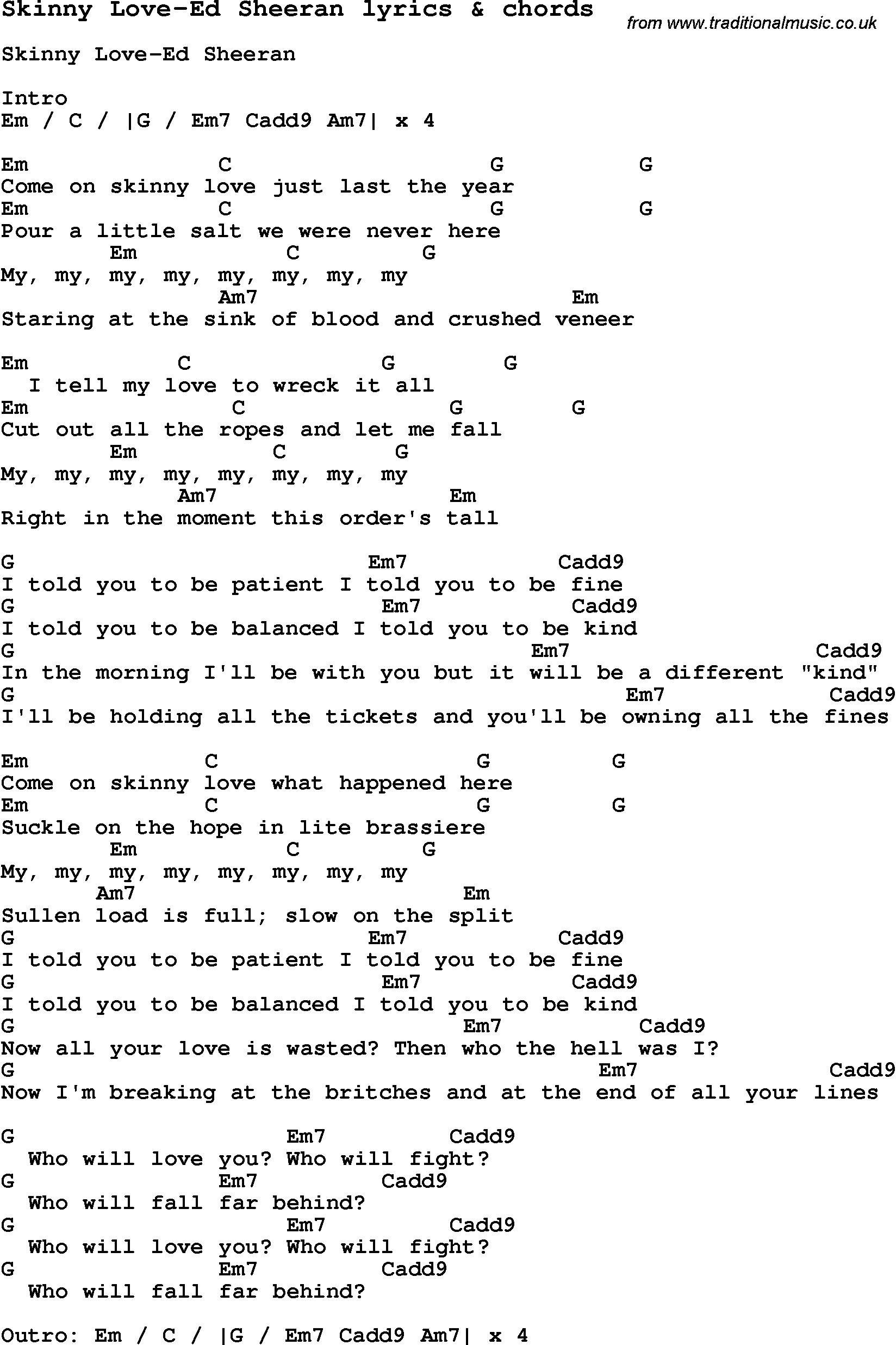 1648x2473 Love Song Lyrics for: Skinny Love-Ed Sheeran with chords for Ukulele, Guitar