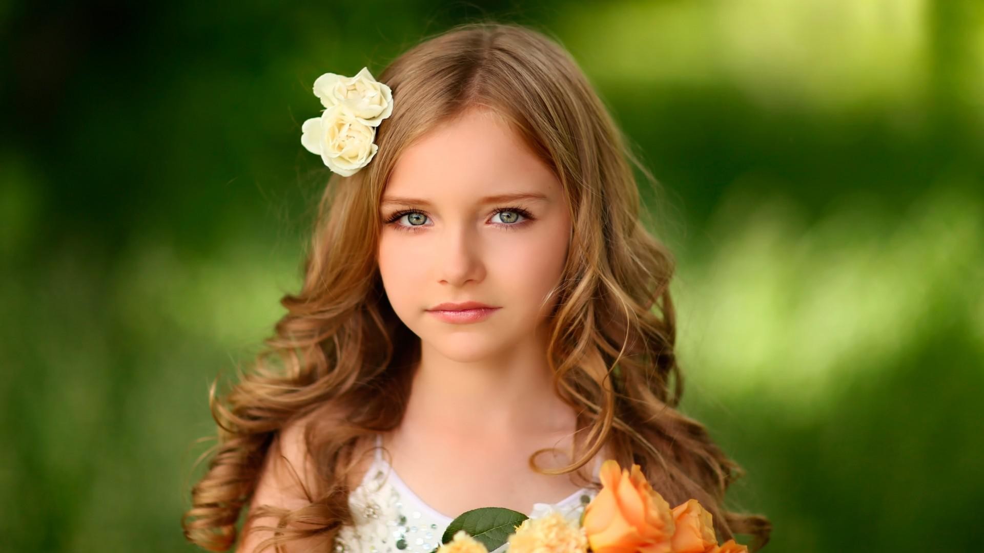 1920x1080 Girl, head, long hair, flowers, cute little girl wallpaper thumb