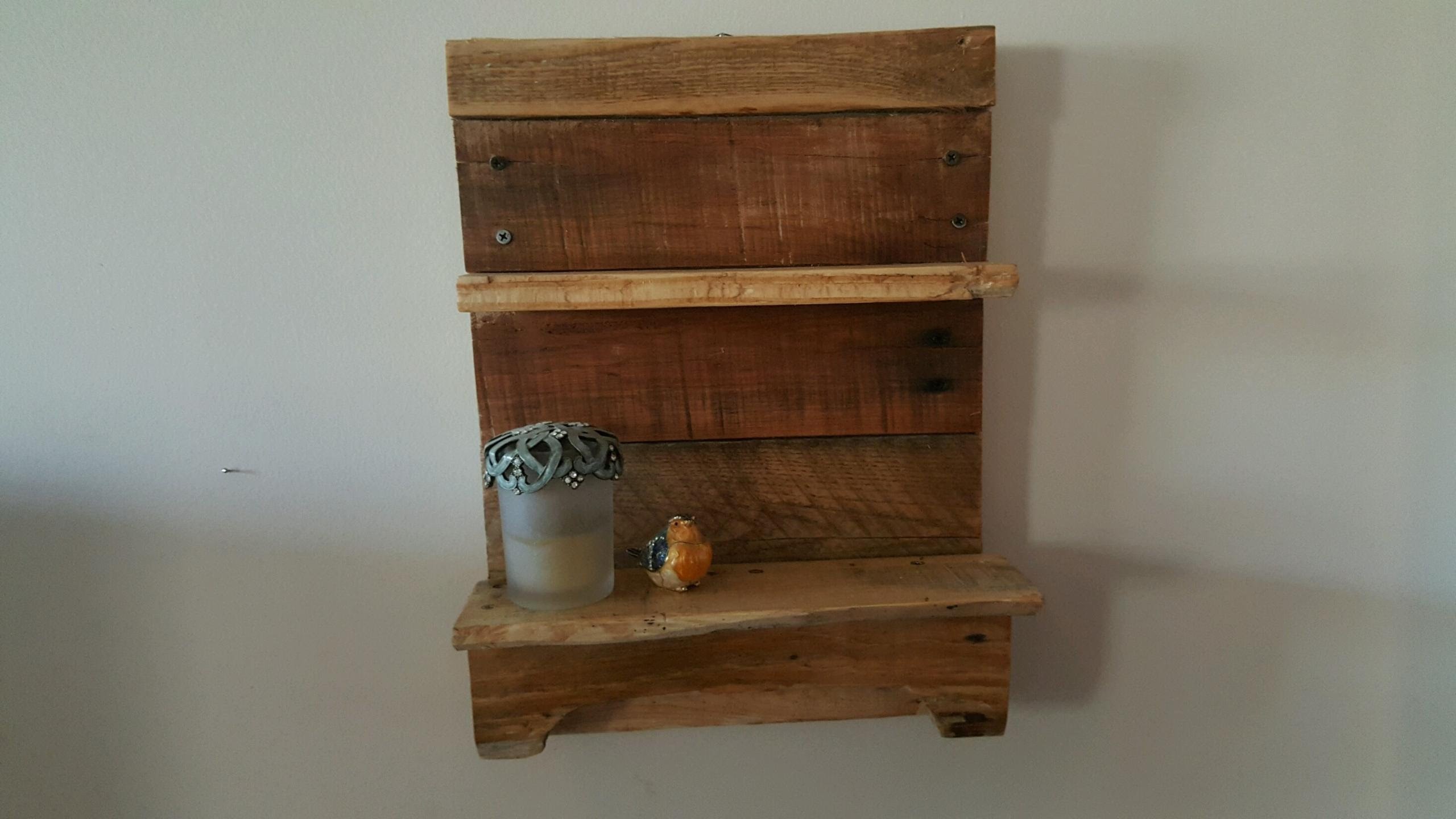 2560x1440 Handcrafted, rectangular, double shelf made from re-purposed shipping  pallets. Horizontal pattern, sanded and stained with a light stain.