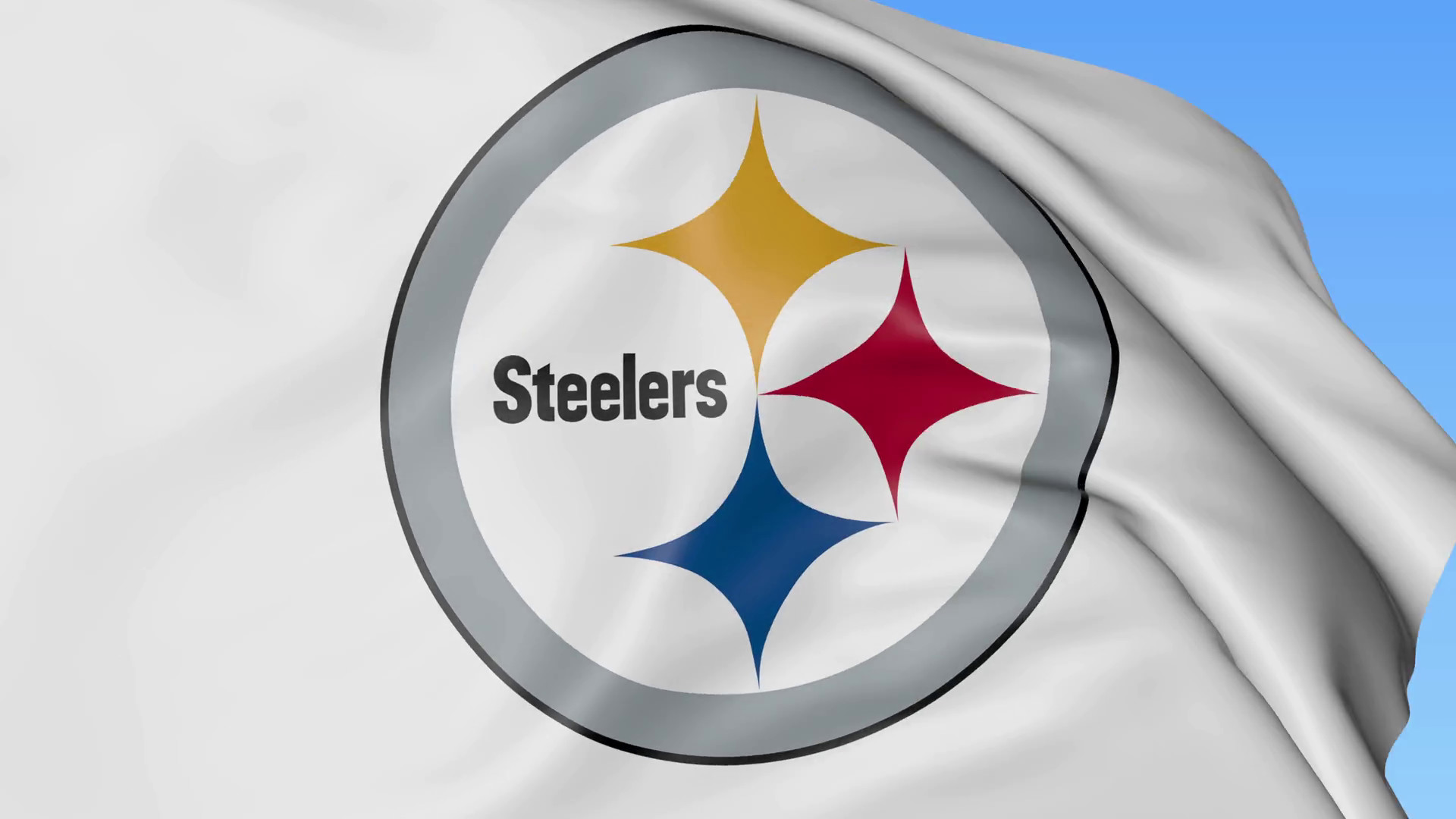 1920x1080 Close-up of waving flag with Pittsburgh Steelers NFL American football team  logo, seamless loop, blue background. Editorial animation.