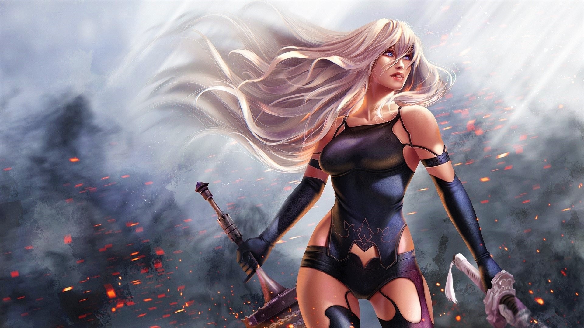1920x1080 Video Game - NieR: Automata Fantasy Woman Girl Warrior Weapon White Hair  Long Hair YoRHa